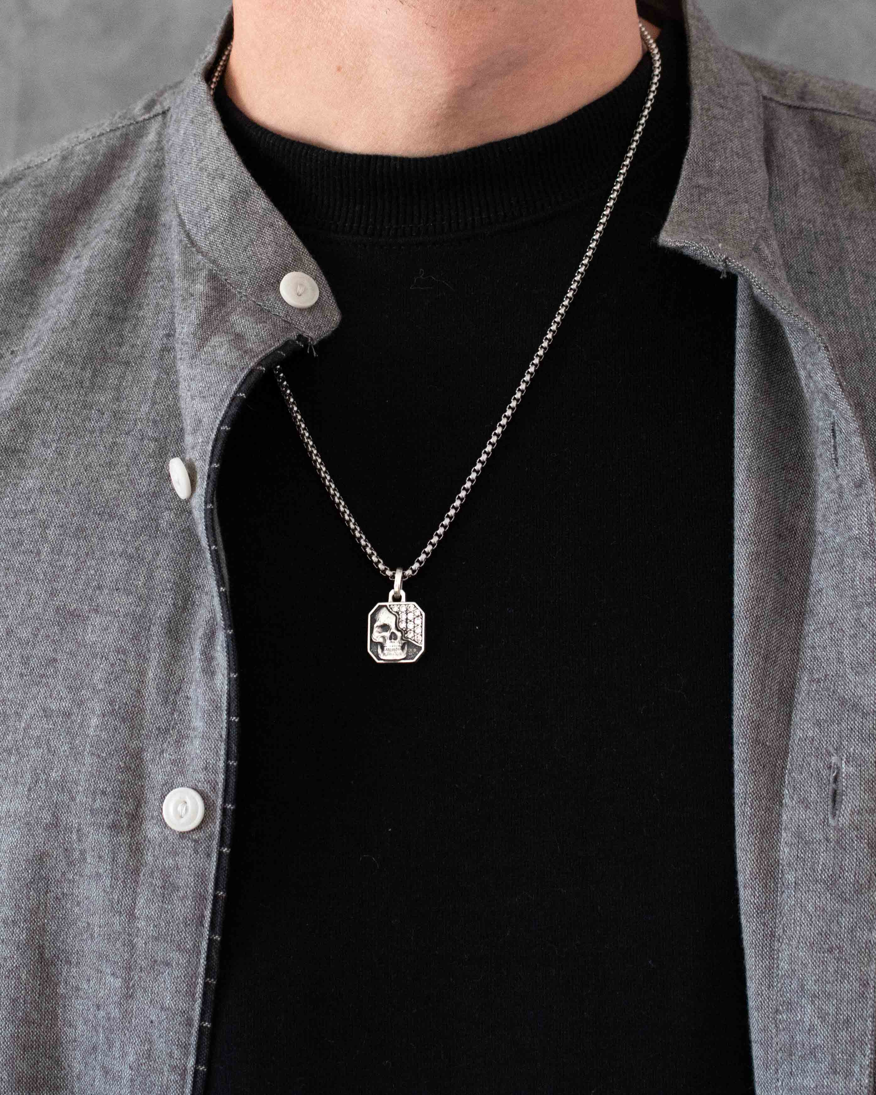 Gothic Octagon Necklace Skull & Diamonds CZ Silver