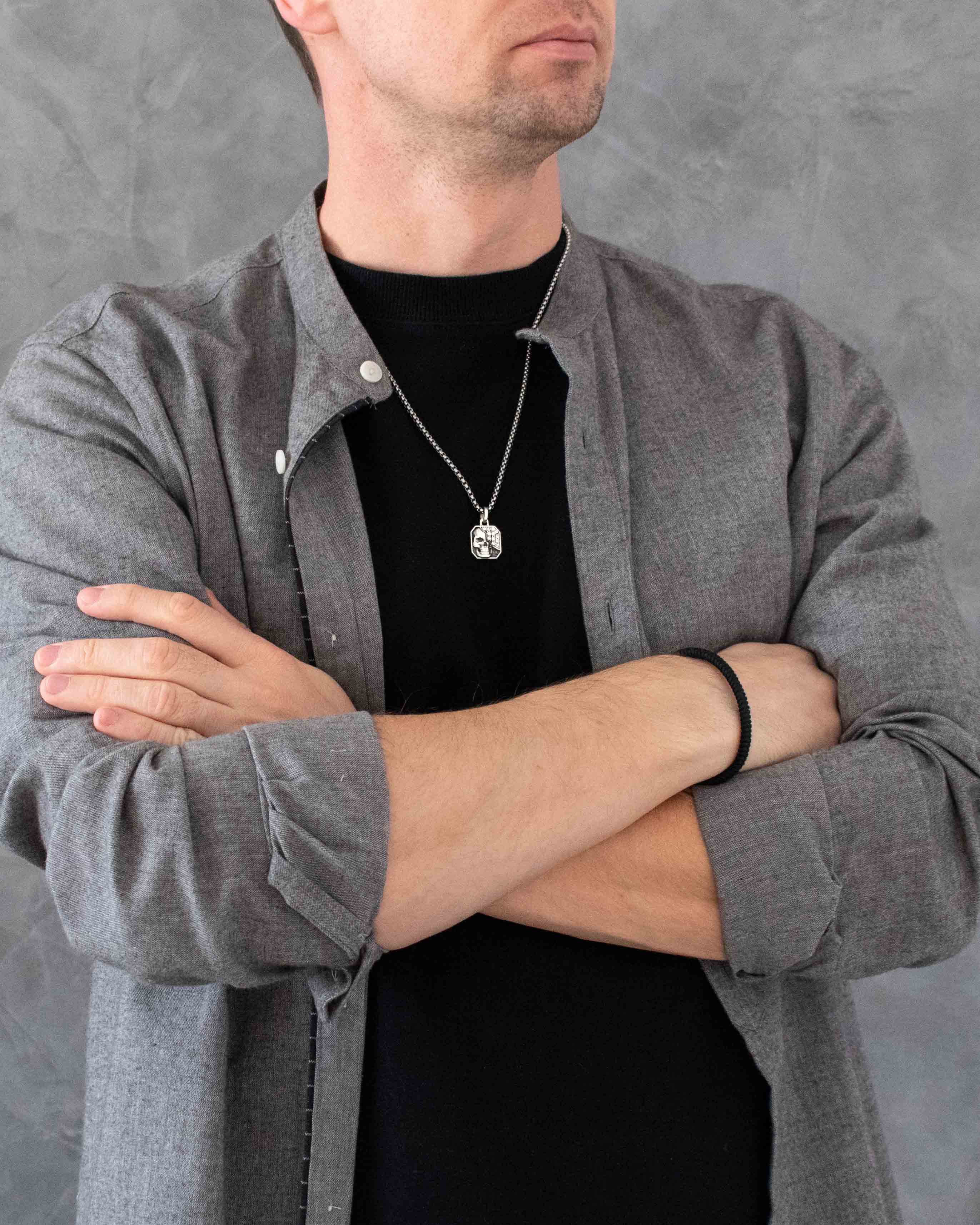 Gothic Octagon Necklace Skull & Diamonds CZ Silver