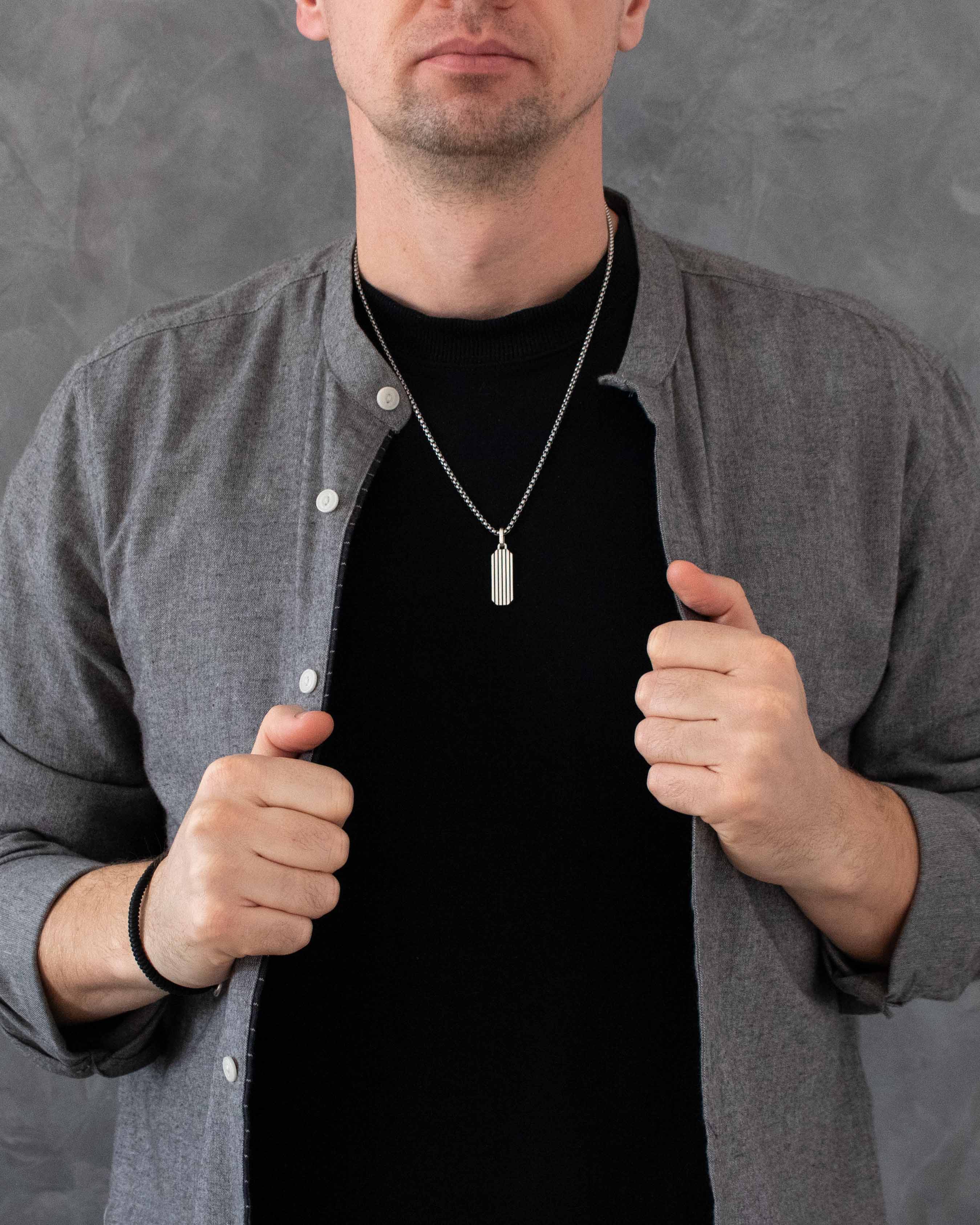 Engraved Simple Silver Bar Necklace Military Minimalism