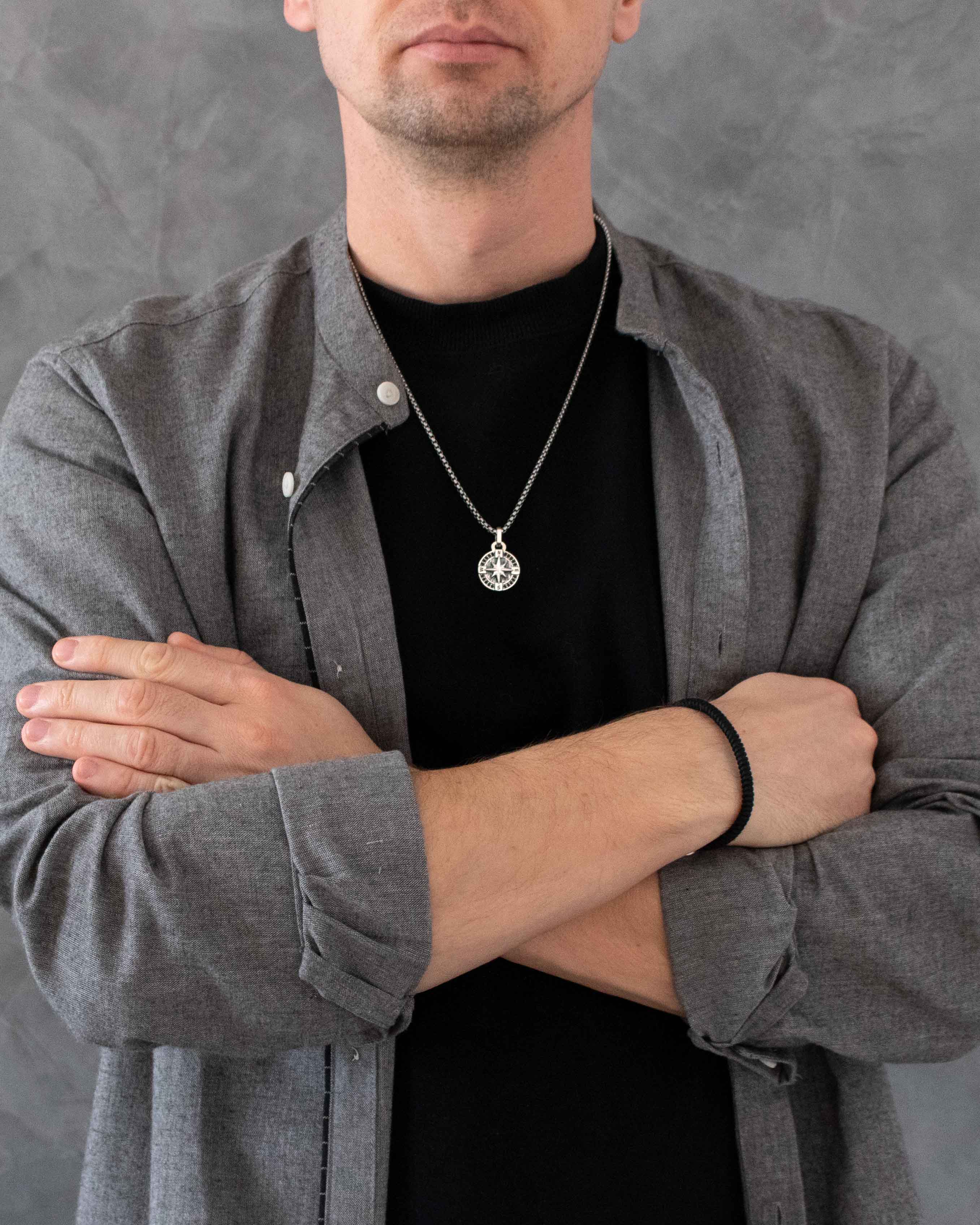 Round Silver North Star Necklace Pendant Black Stones