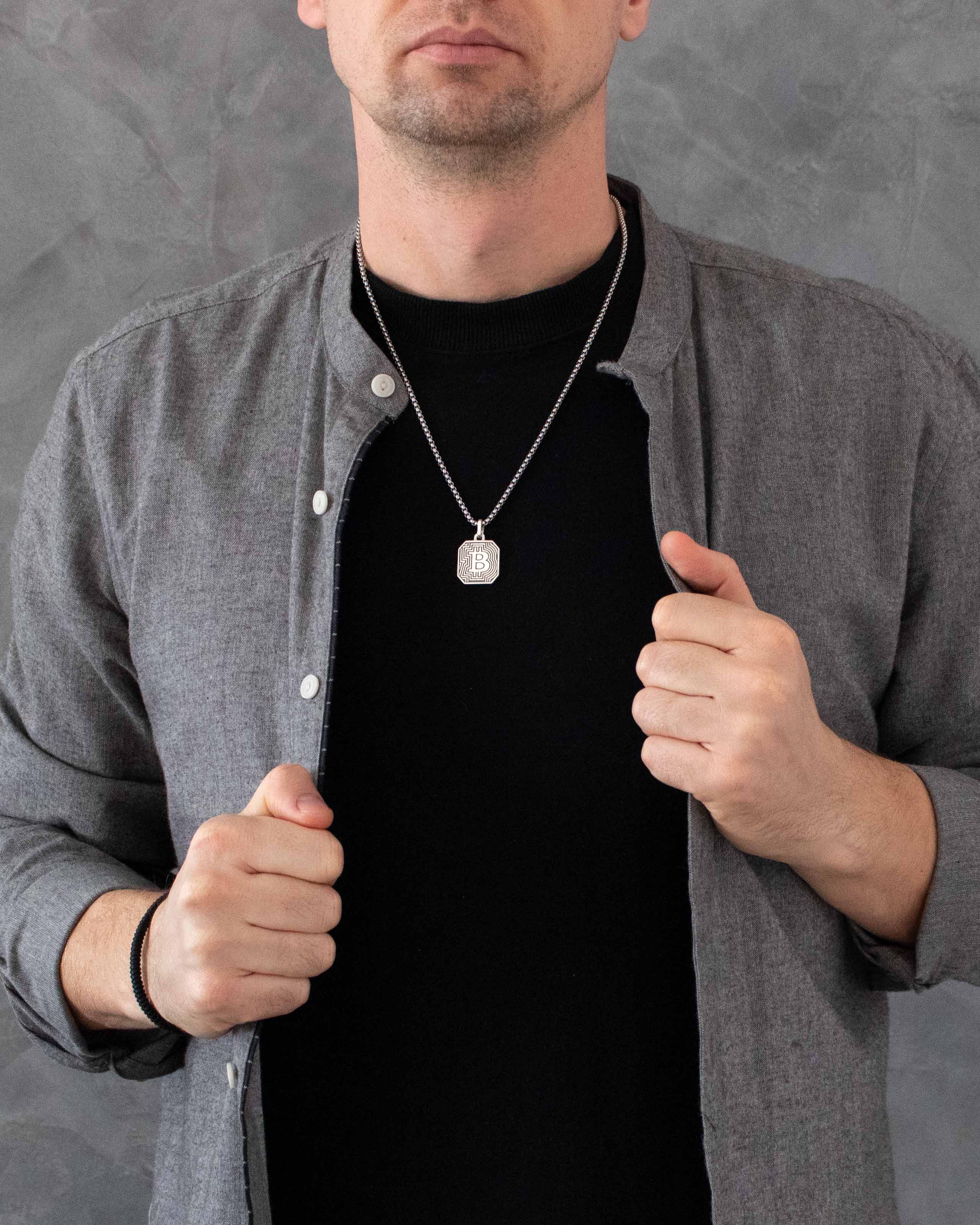 Bitcoin Necklace Pendant For Men Sterling Silver