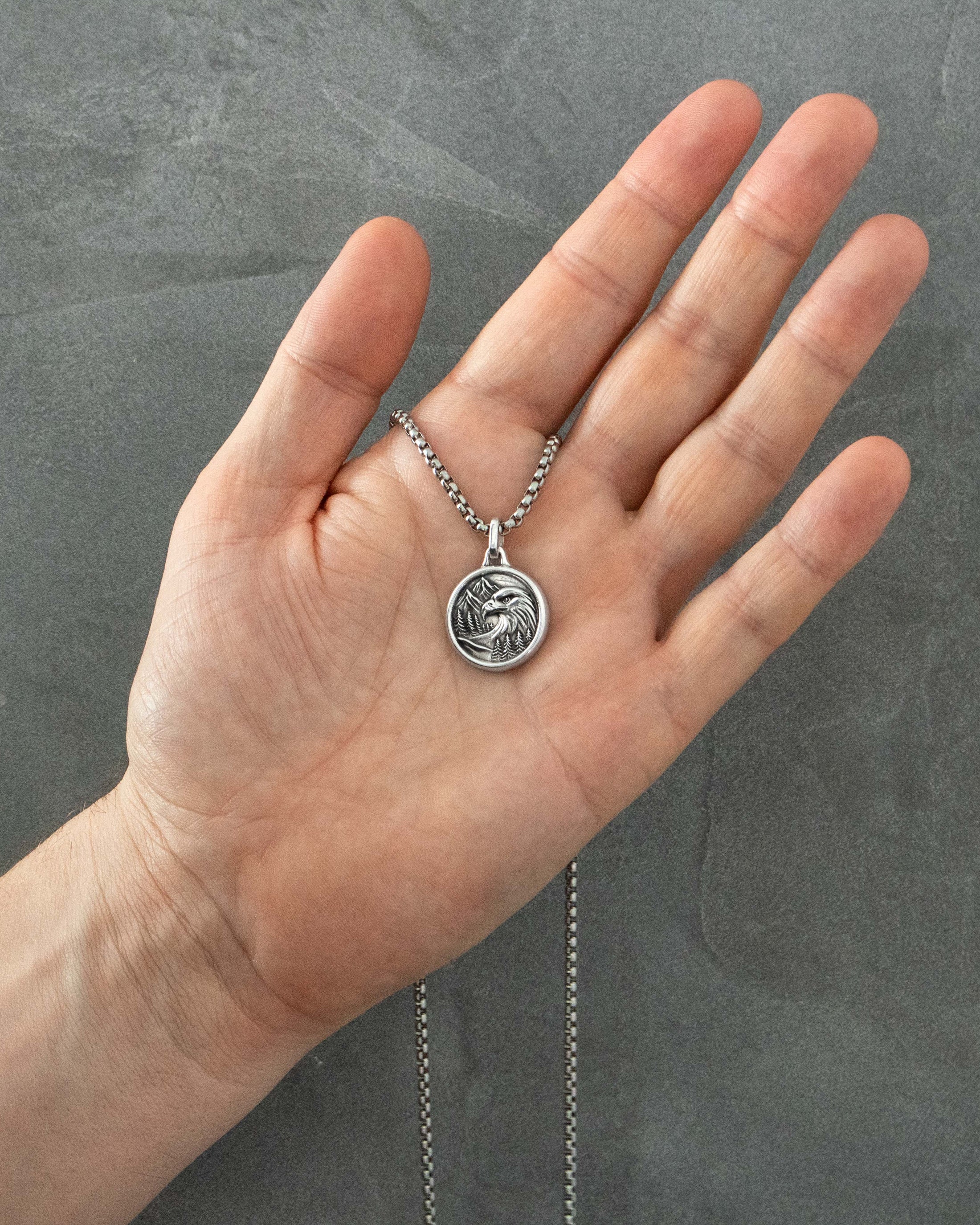 Mountain Eagle Pendant Necklace Silver Round Shape