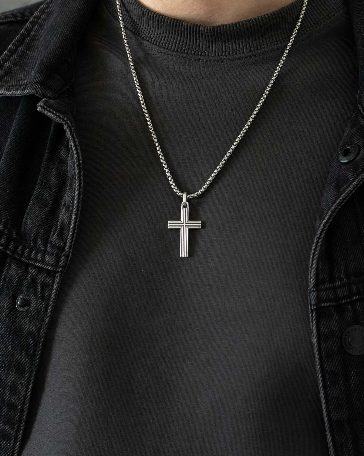Grooved Cross Pendant Necklace Sterling Silver 925