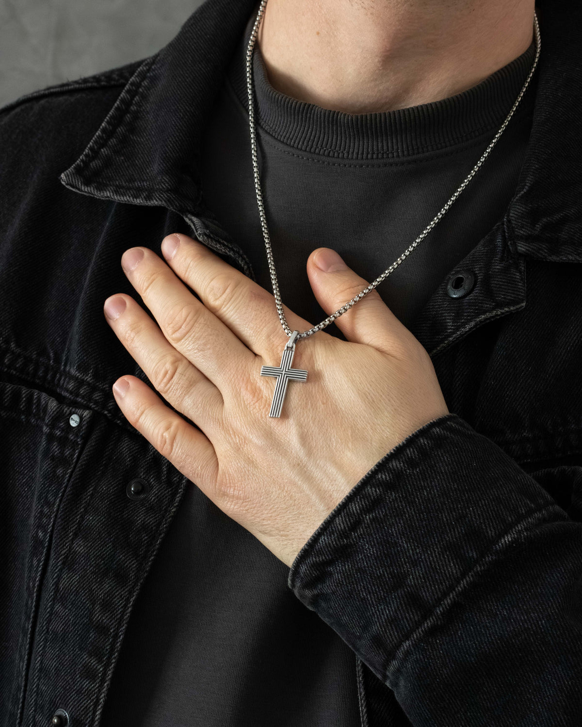 Grooved Cross Pendant Necklace Sterling Silver 925