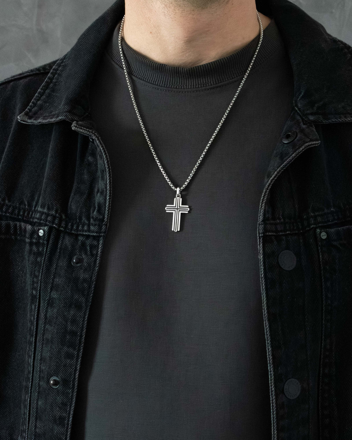 Double Line Grooved Silver Cross Pendant Necklace