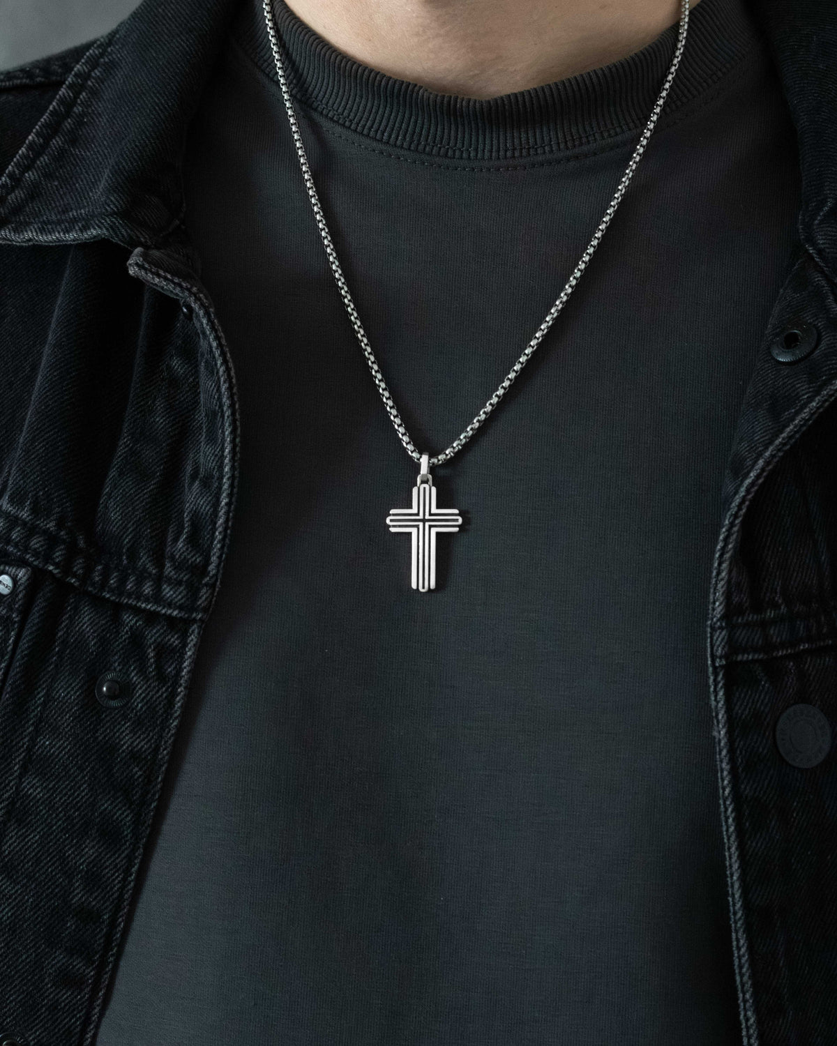 Double Line Grooved Silver Cross Pendant Necklace