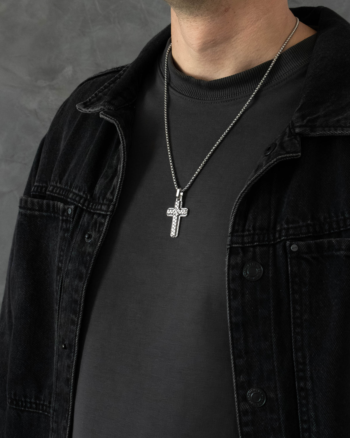 Layered Silver Cross Pendant Braided and Wood Texture