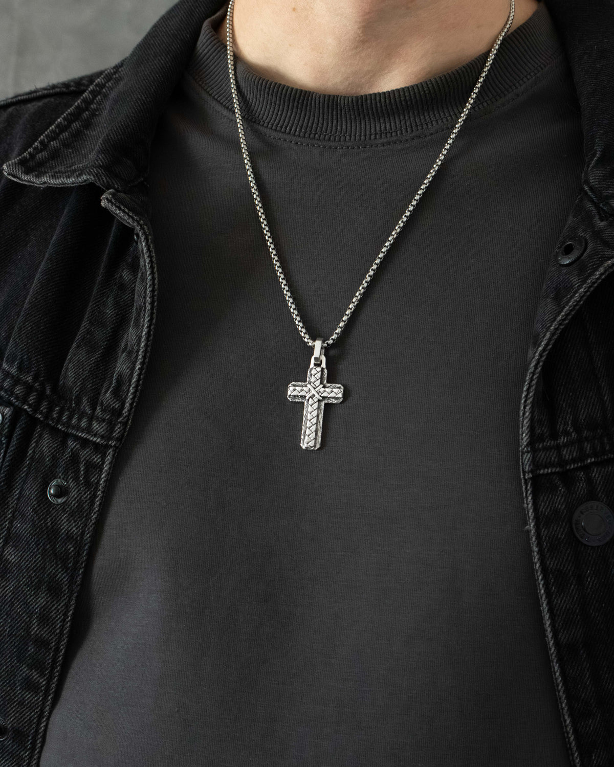 Layered Silver Cross Pendant Braided and Wood Texture