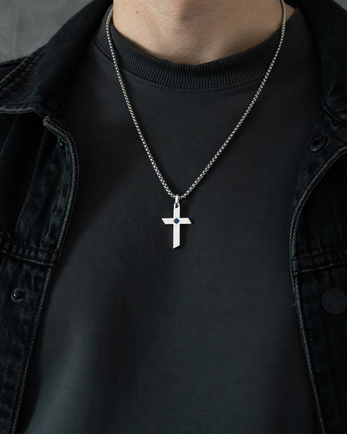 Sharp Edge Silver Cross Necklace with Blue Sapphire CZ