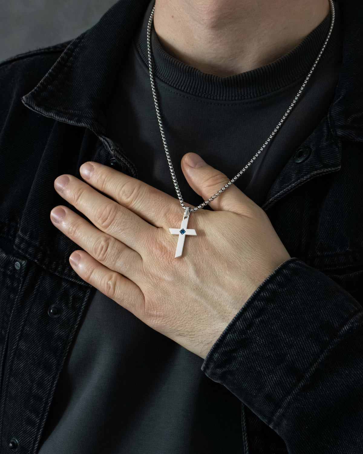 Sharp Edge Silver Cross Necklace with Blue Sapphire CZ