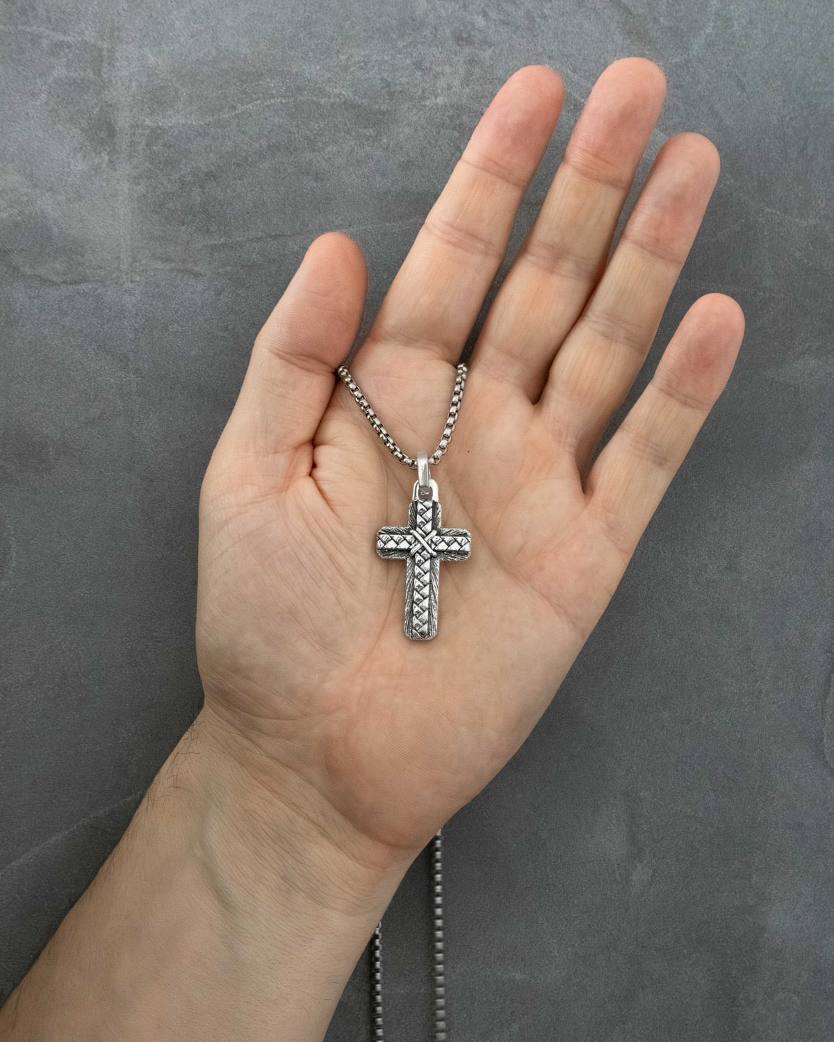 Layered Silver Cross Pendant Braided and Wood Texture