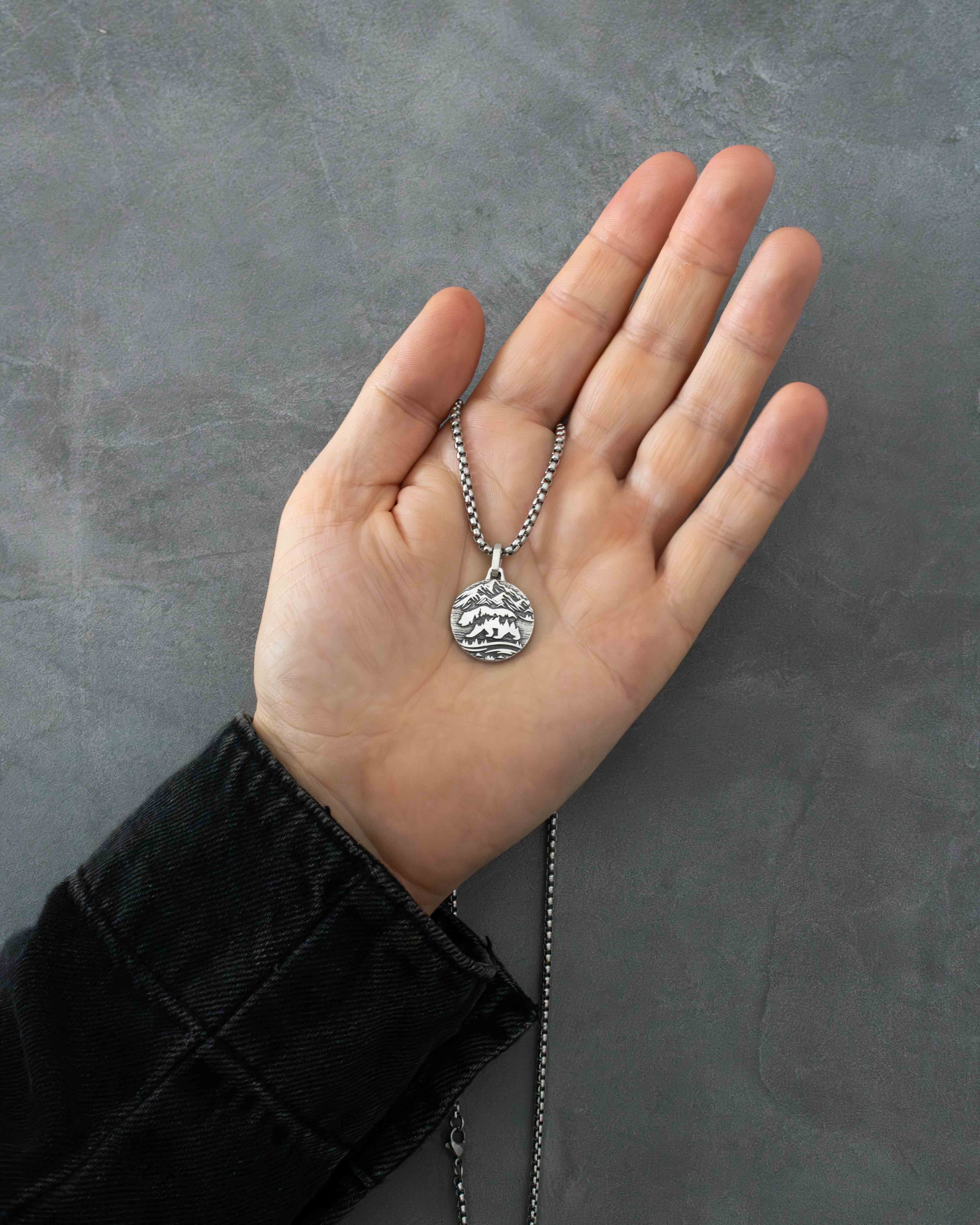 Mountains & Bear Round Necklace Sterling Silver