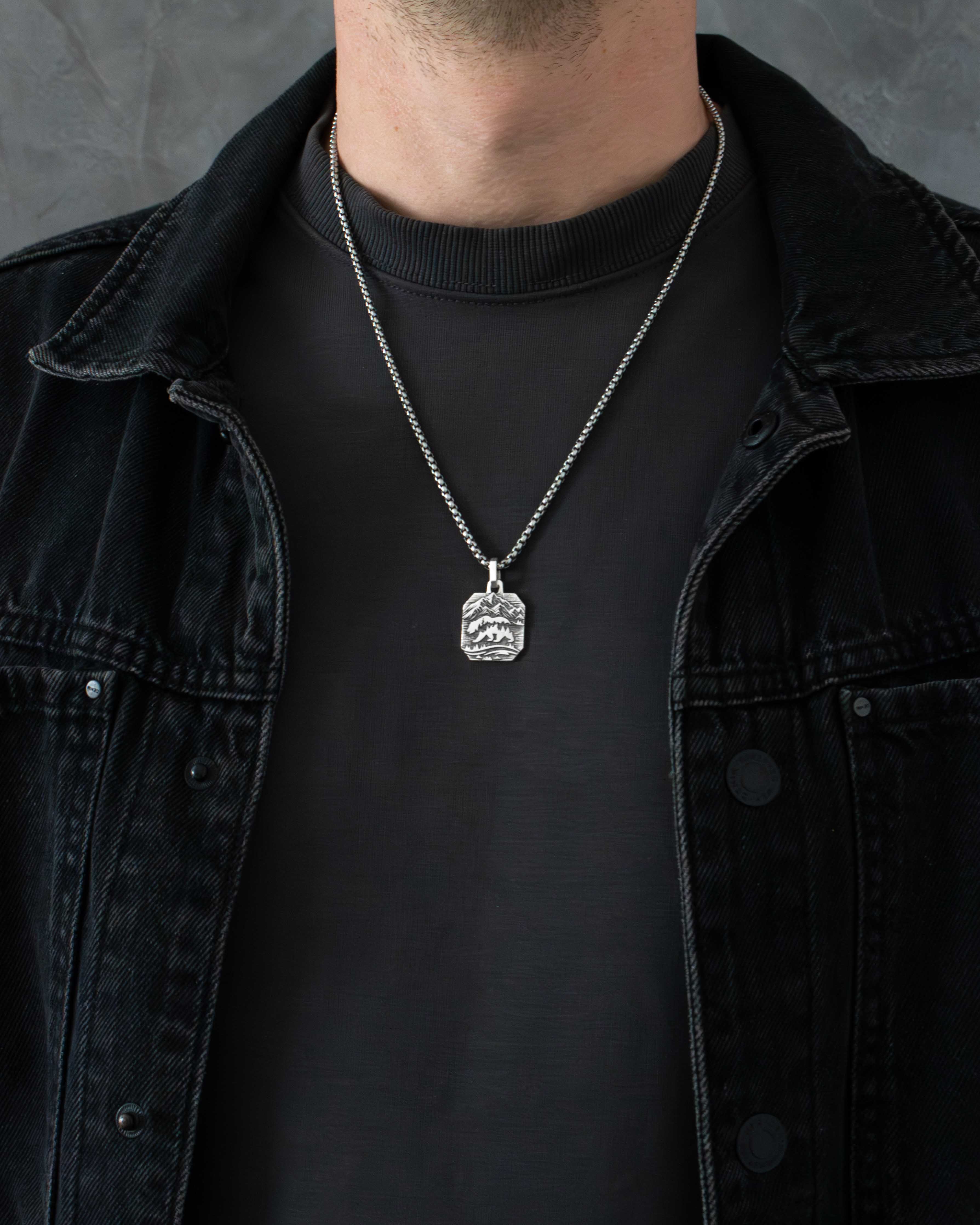 Mountains & Bear Necklace Silver Octagonal Shape