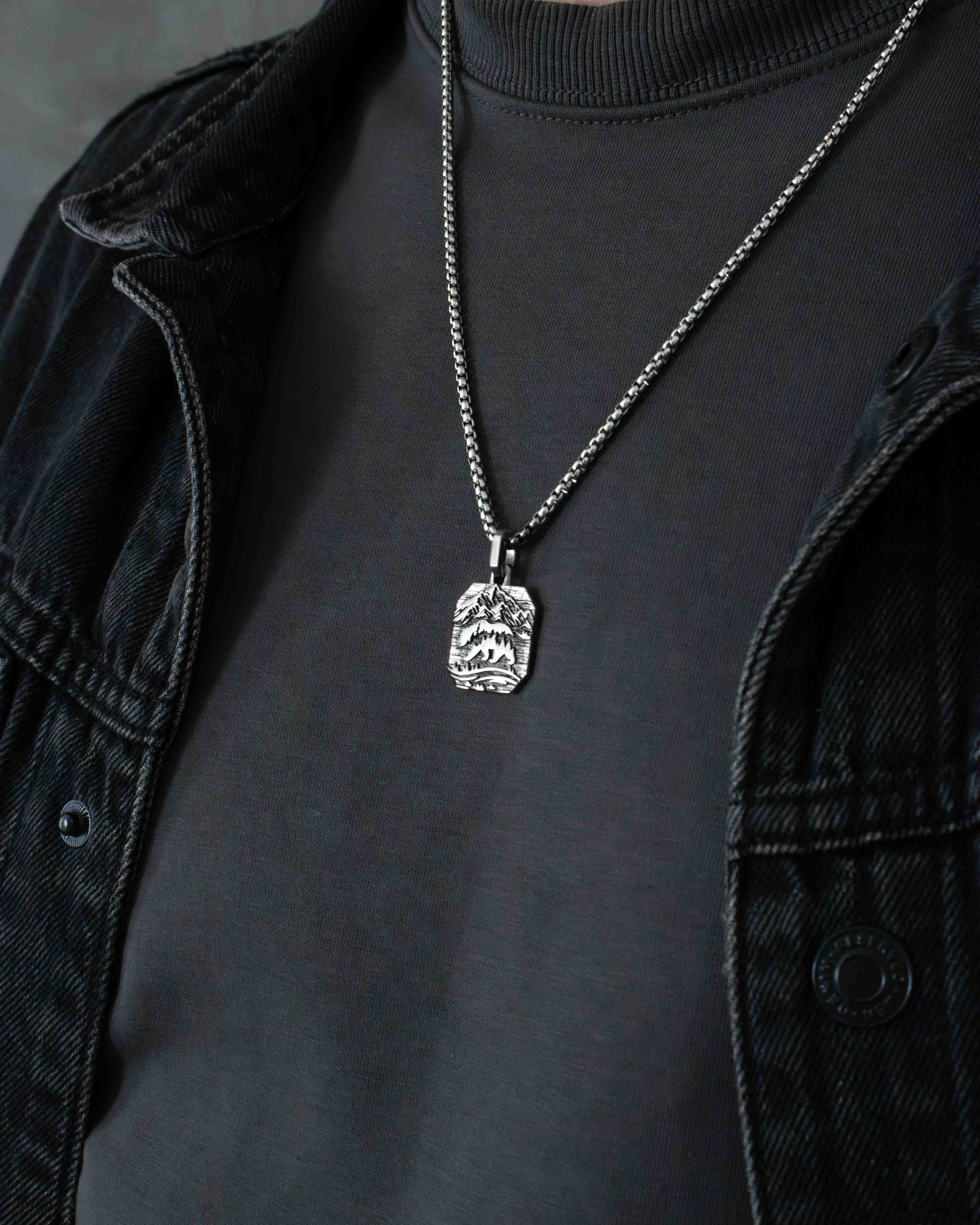 Bear and Mountains Silver Pendant Necklace Octagonal Design