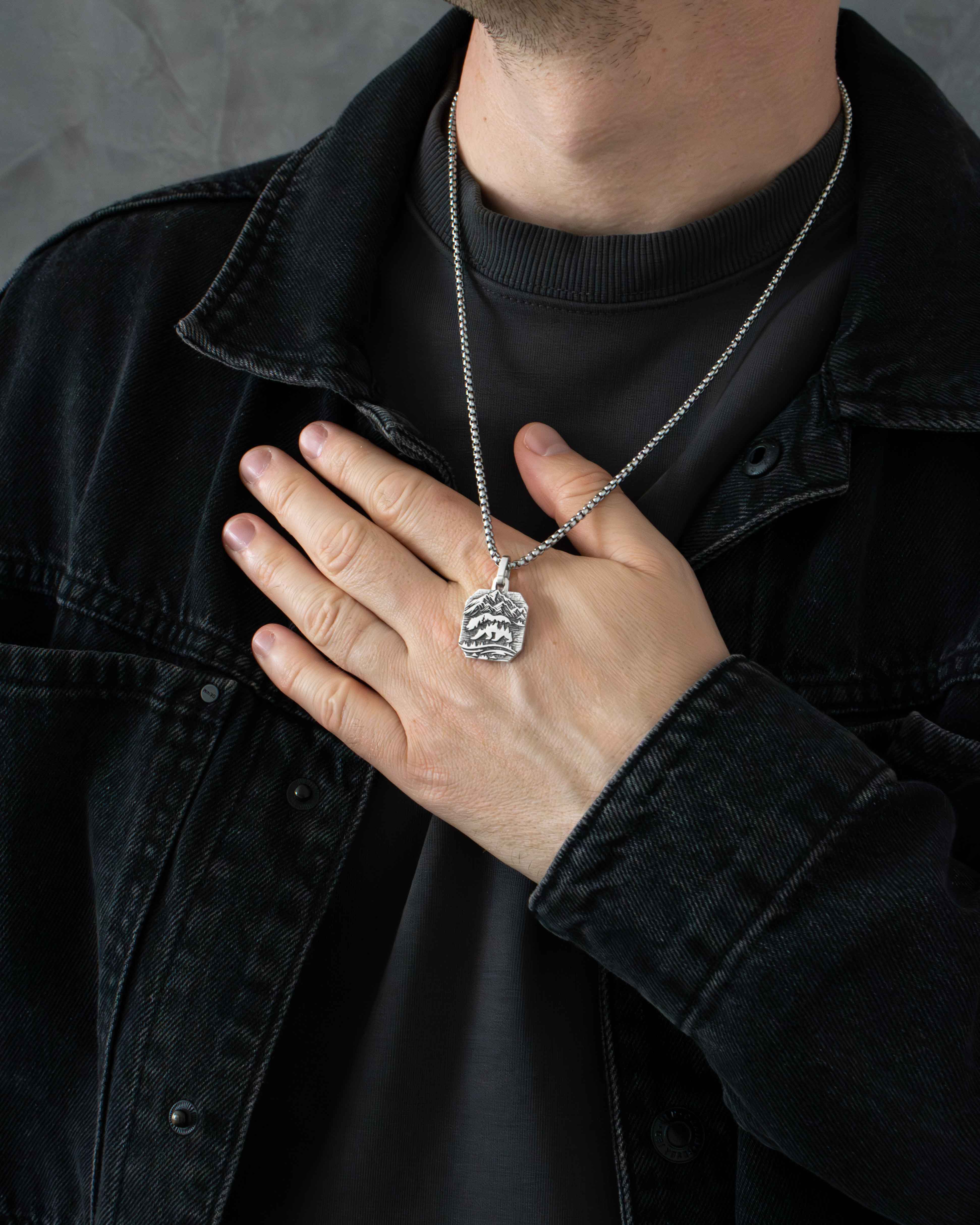 Bear and Mountains Silver Pendant Necklace Octagonal Design
