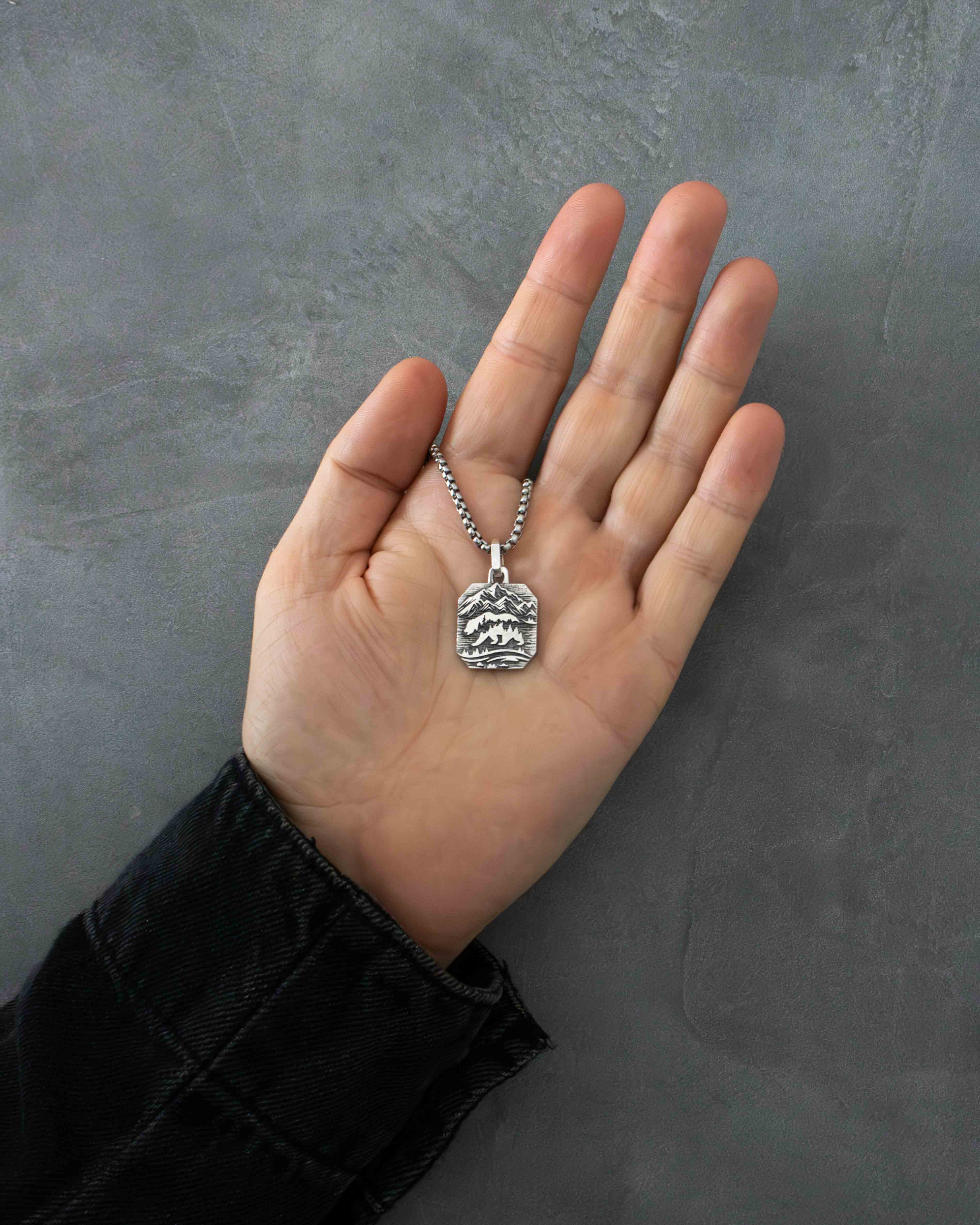 Bear and Mountains Silver Pendant Necklace Octagonal Design