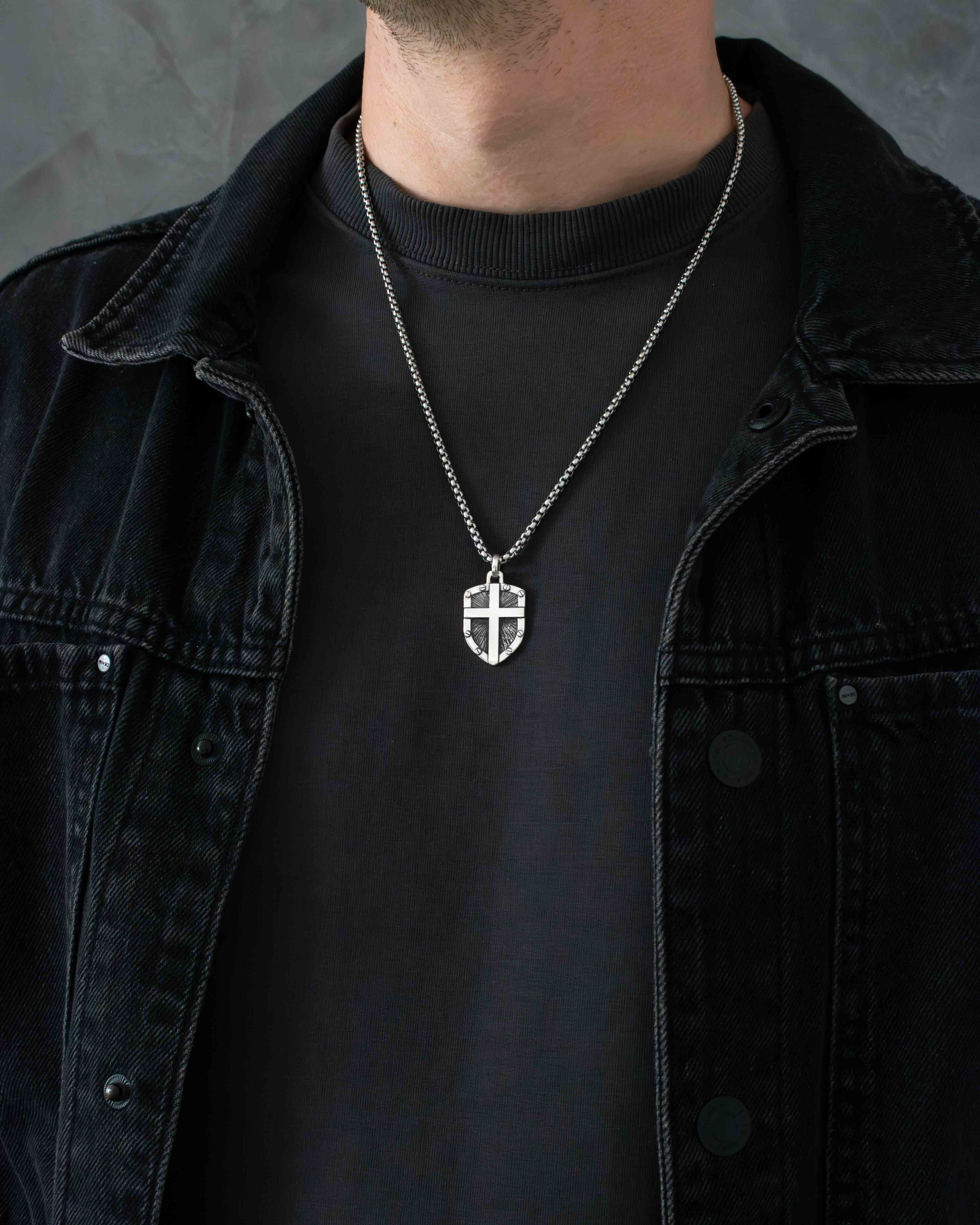 Cross on Shield Necklace Solid Silver Religious Amulet