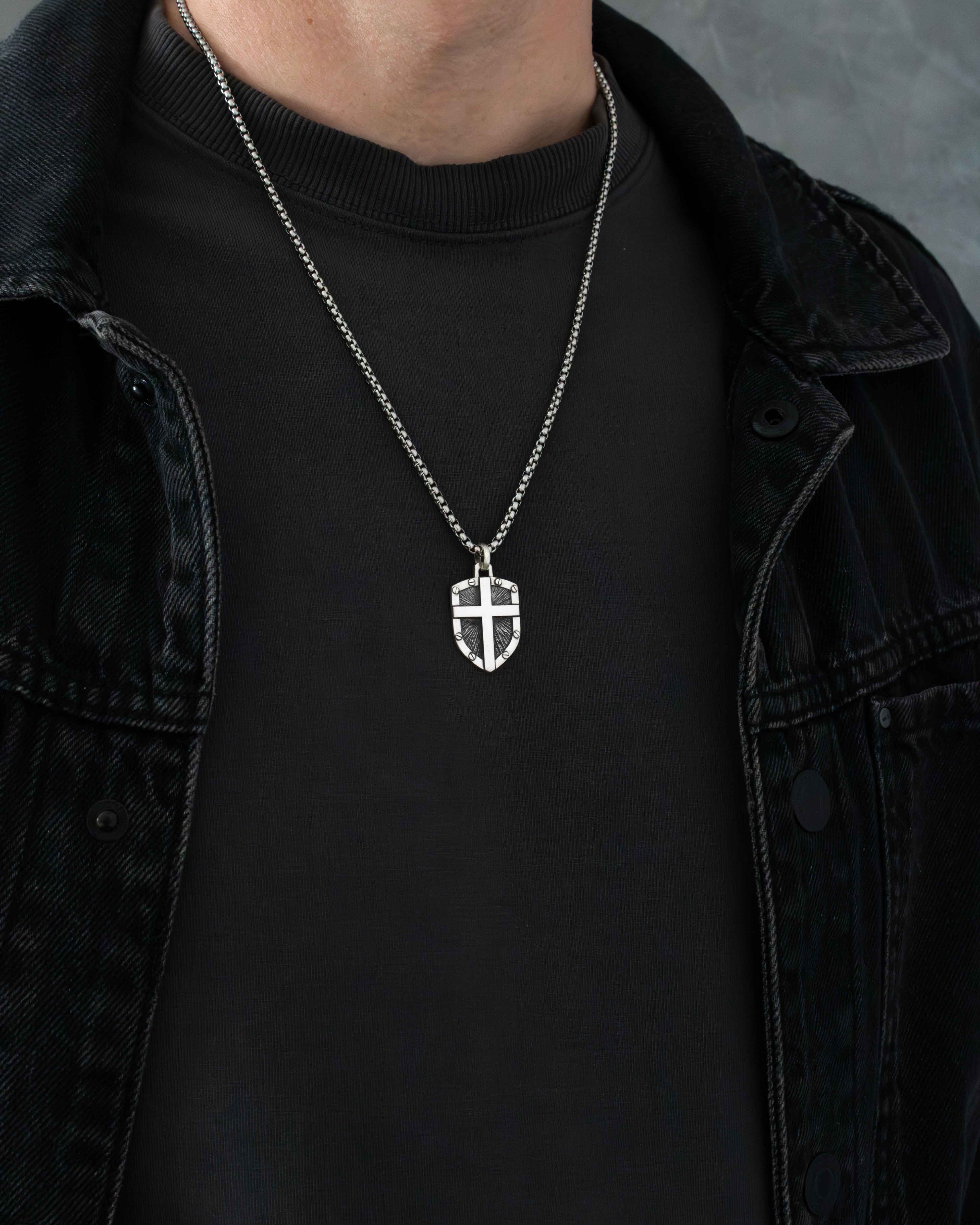 Shield Pendant Necklace with Cross Sterling Silver