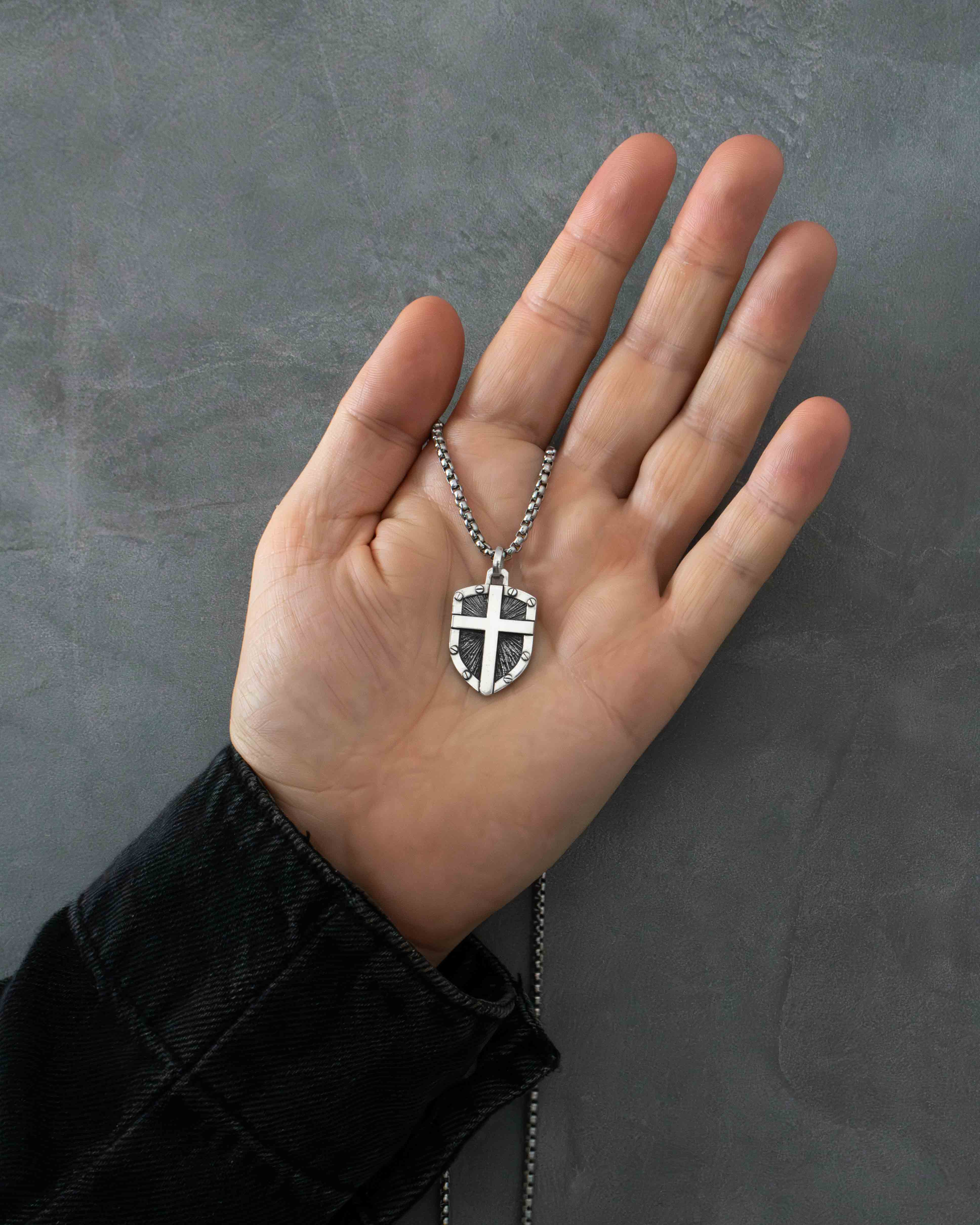 Shield Pendant Necklace with Cross Sterling Silver