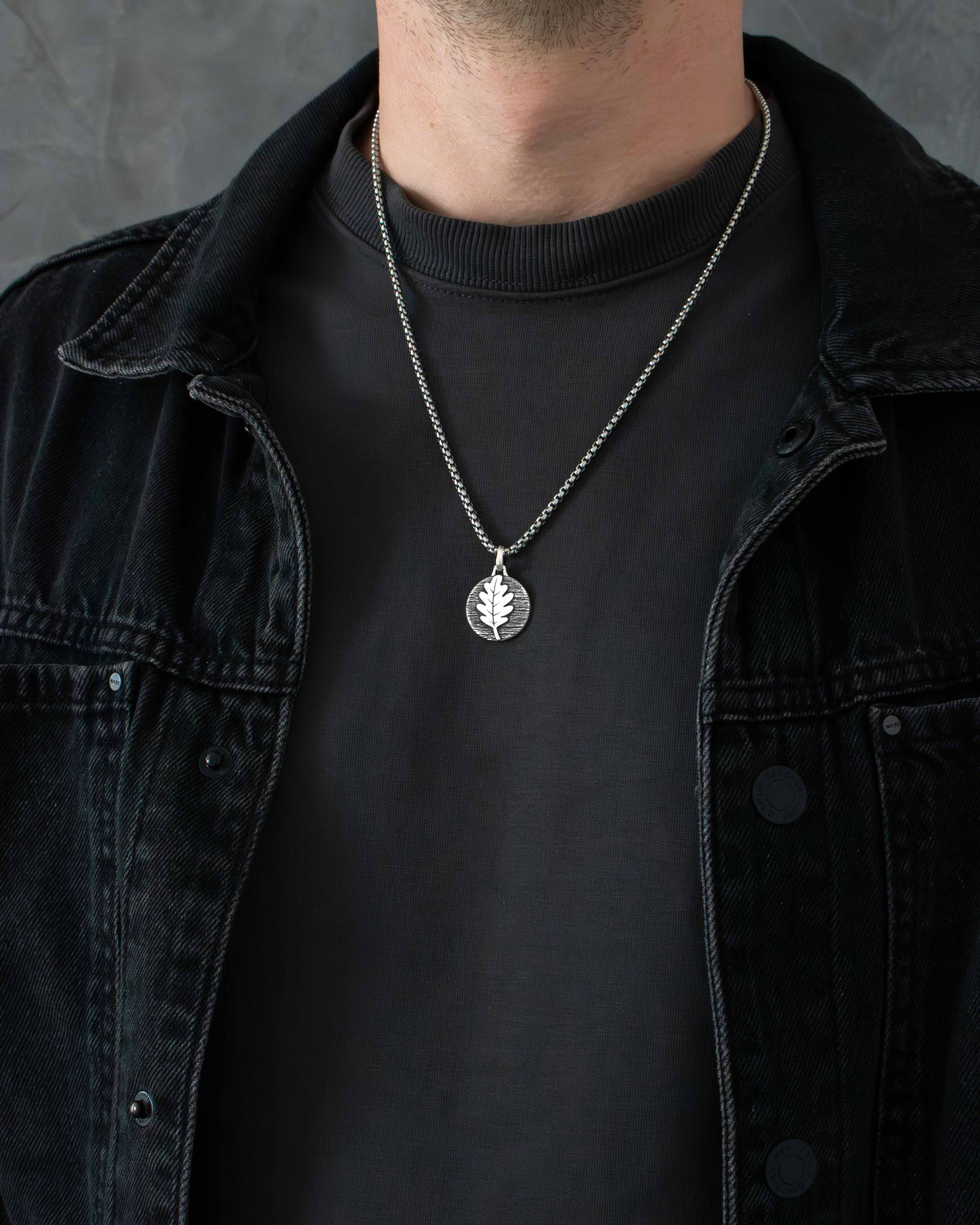 Round Pendant with Oak Leaf on Tree Bark Solid Silver