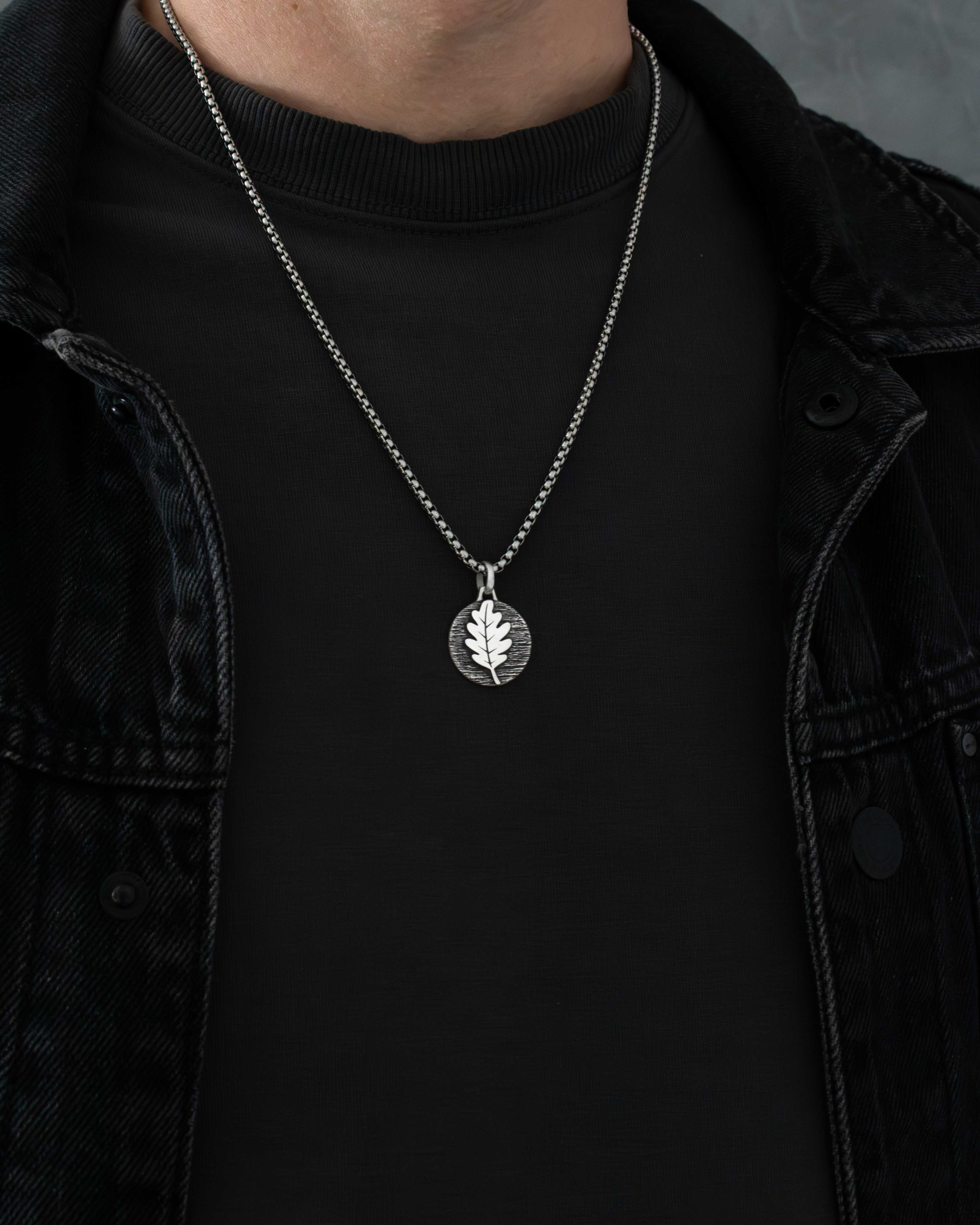 Round Pendant with Oak Leaf on Tree Bark Solid Silver