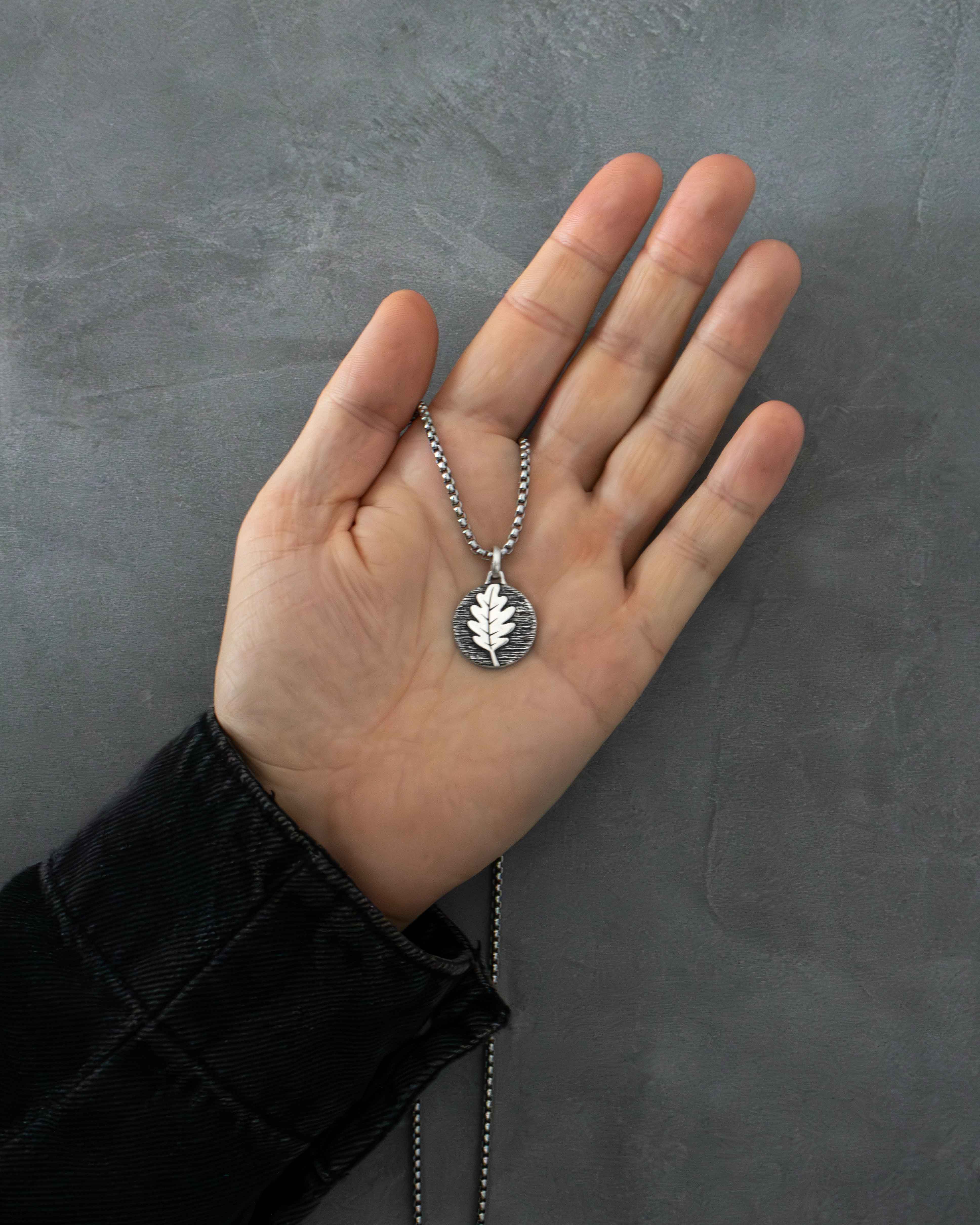 Round Pendant with Oak Leaf on Tree Bark Solid Silver