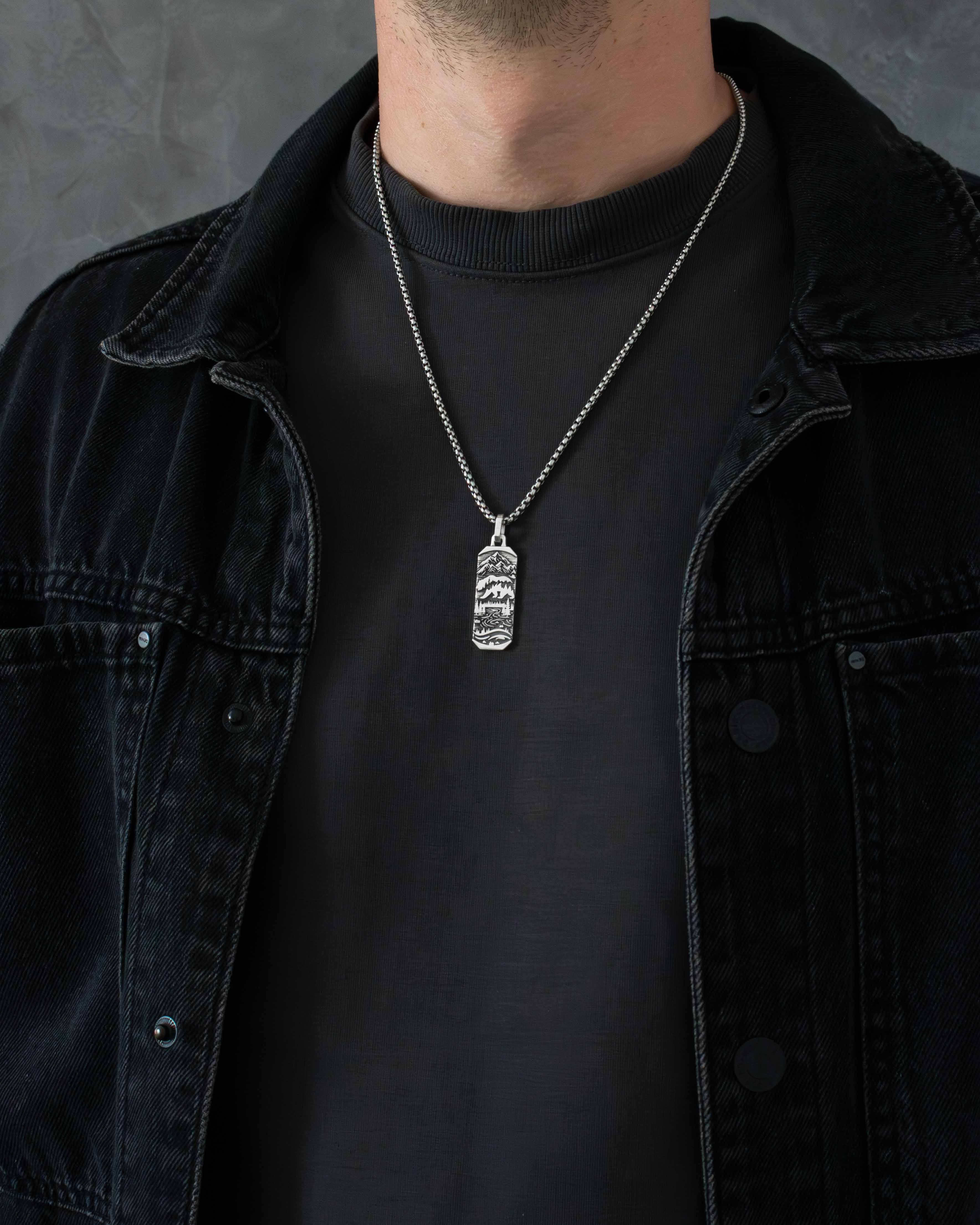 Bear & Mountains Necklace Pendant Silver Ingot Shape