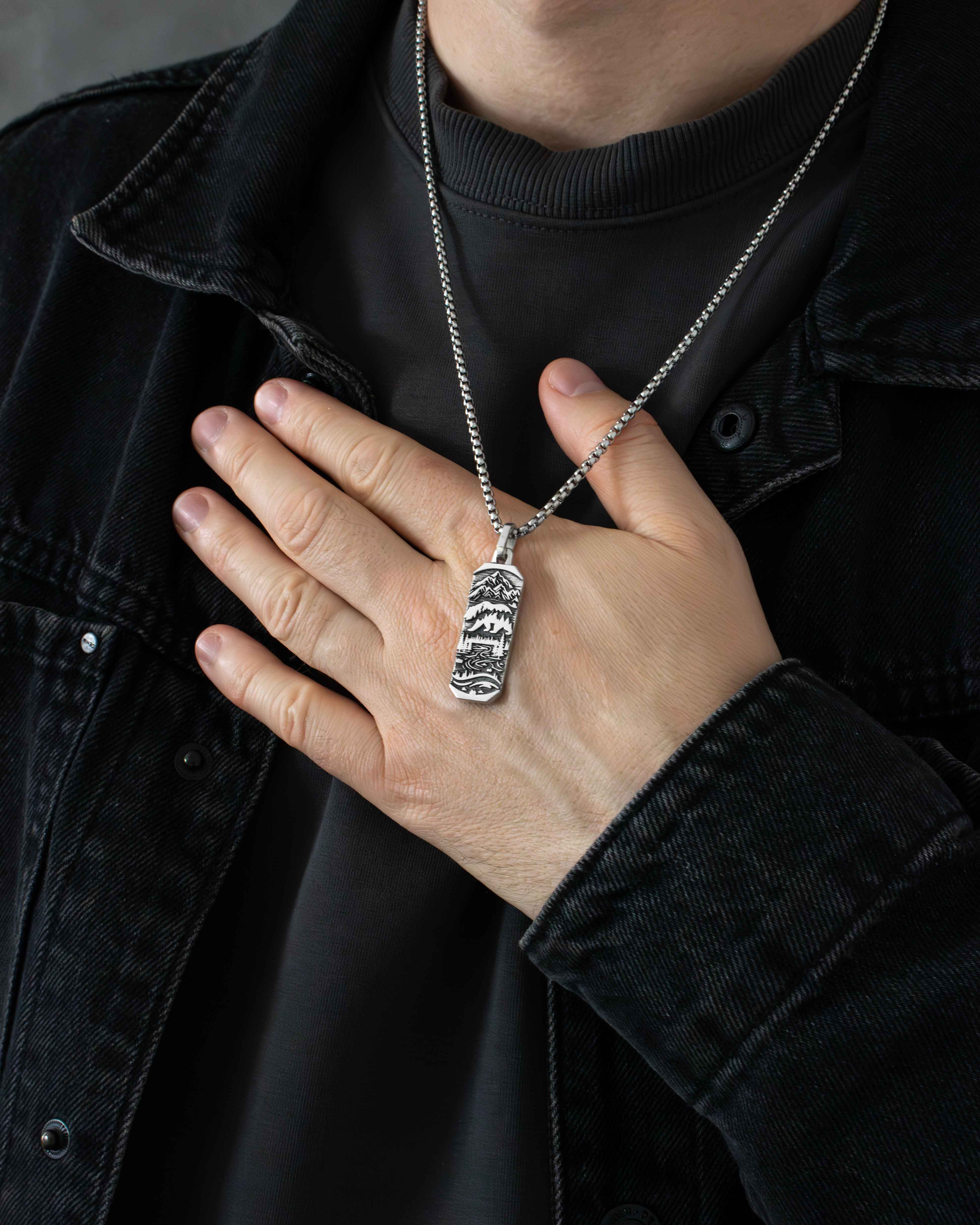 Bear & Mountains Necklace Pendant Silver Ingot Shape