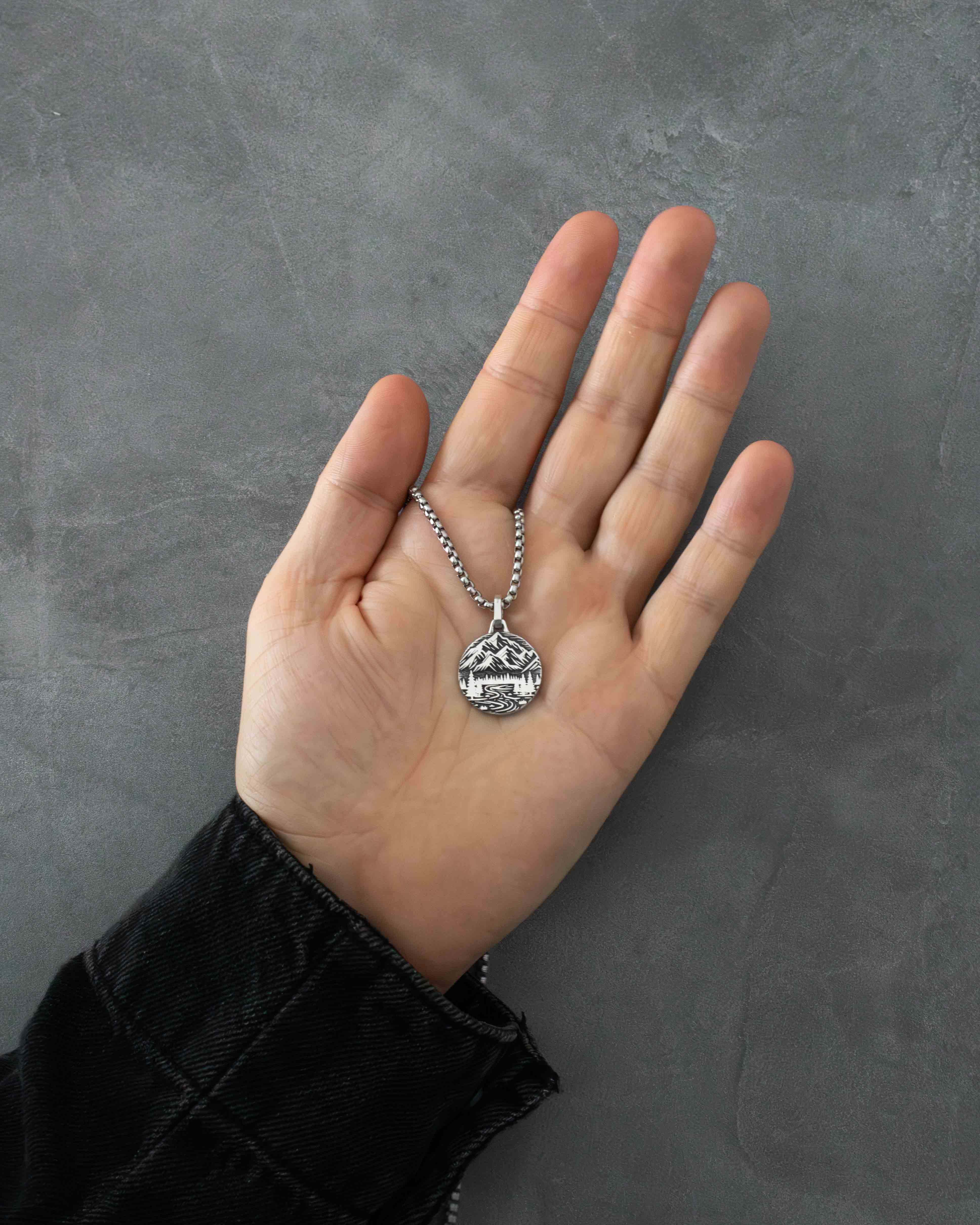 Mountains & Pine Forest Round Necklace Fine Silver 925