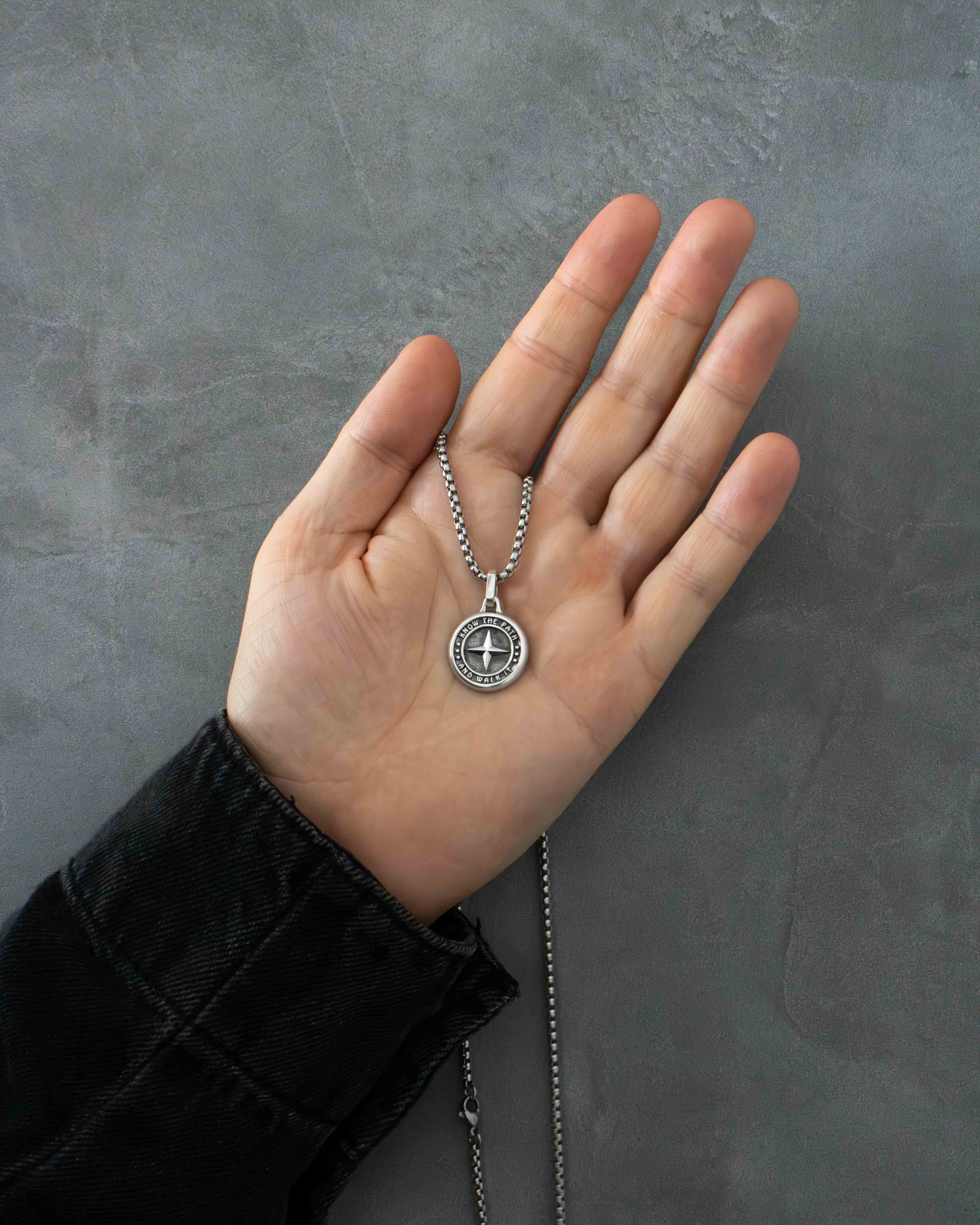 Round Silver Pendant North Star & Motivational Message