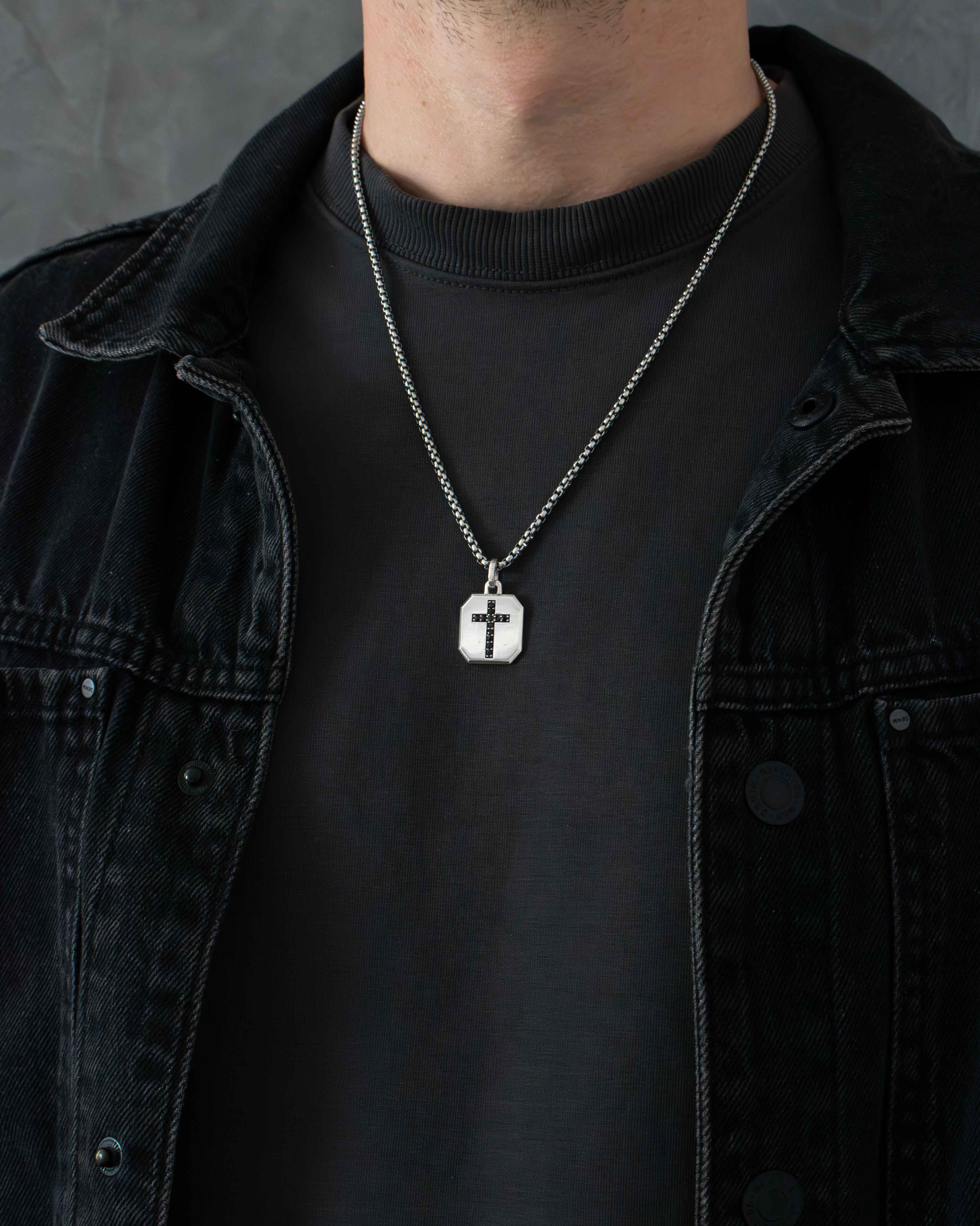 Men's Wide Cross Pendant Black Stones Octagon Shape