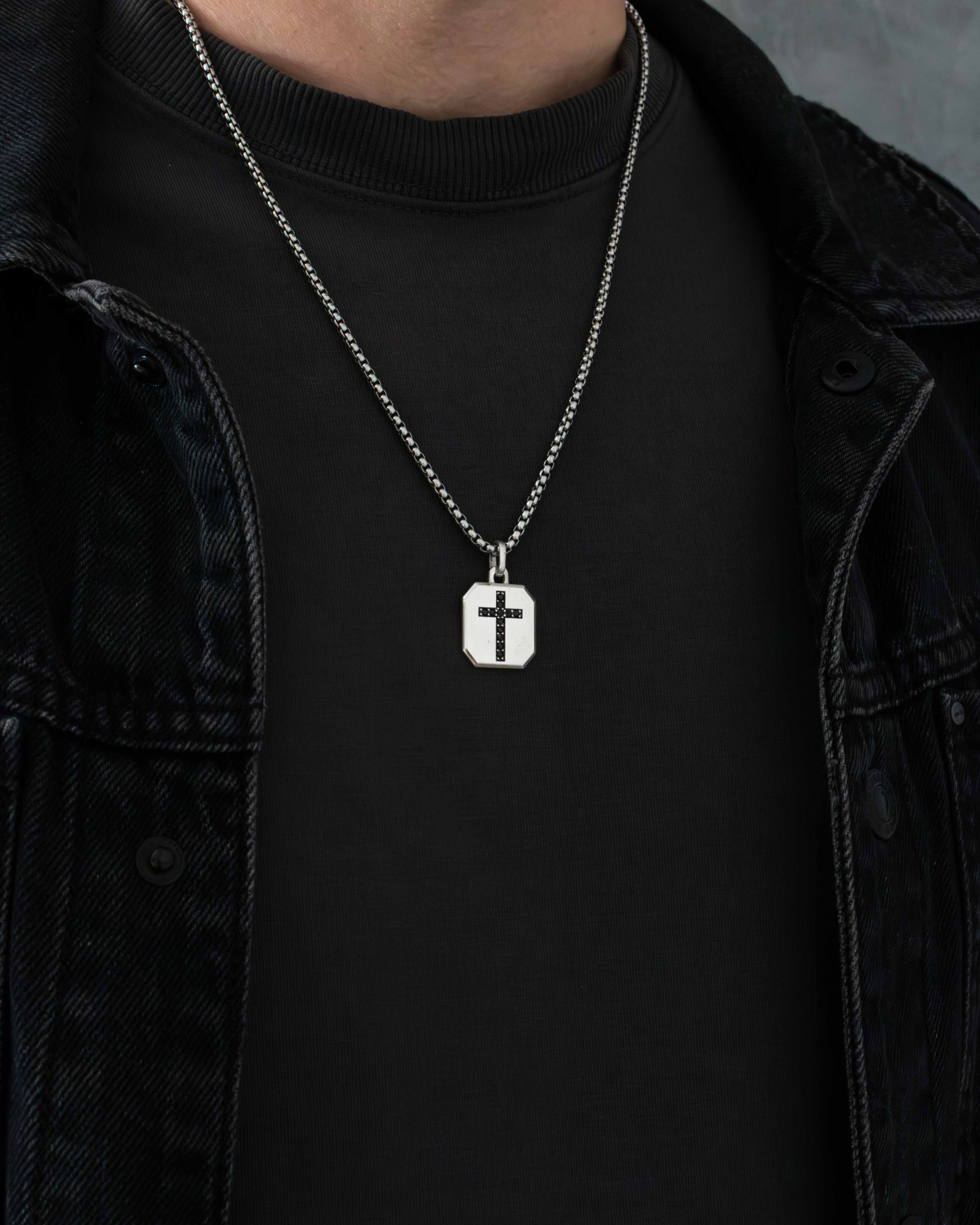 Men's Wide Cross Pendant Black Stones Octagon Shape