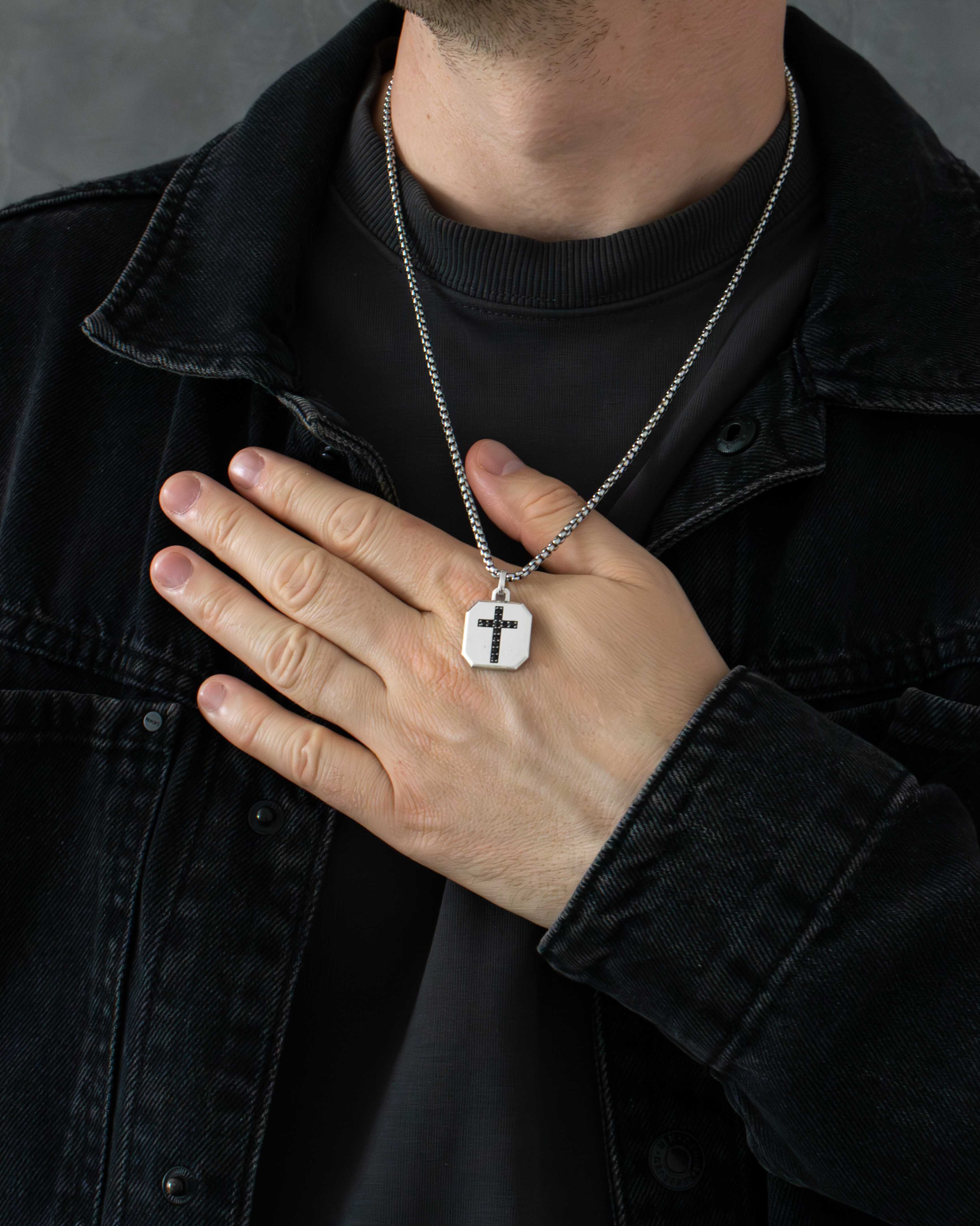 Men's Wide Cross Pendant Black Stones Octagon Shape