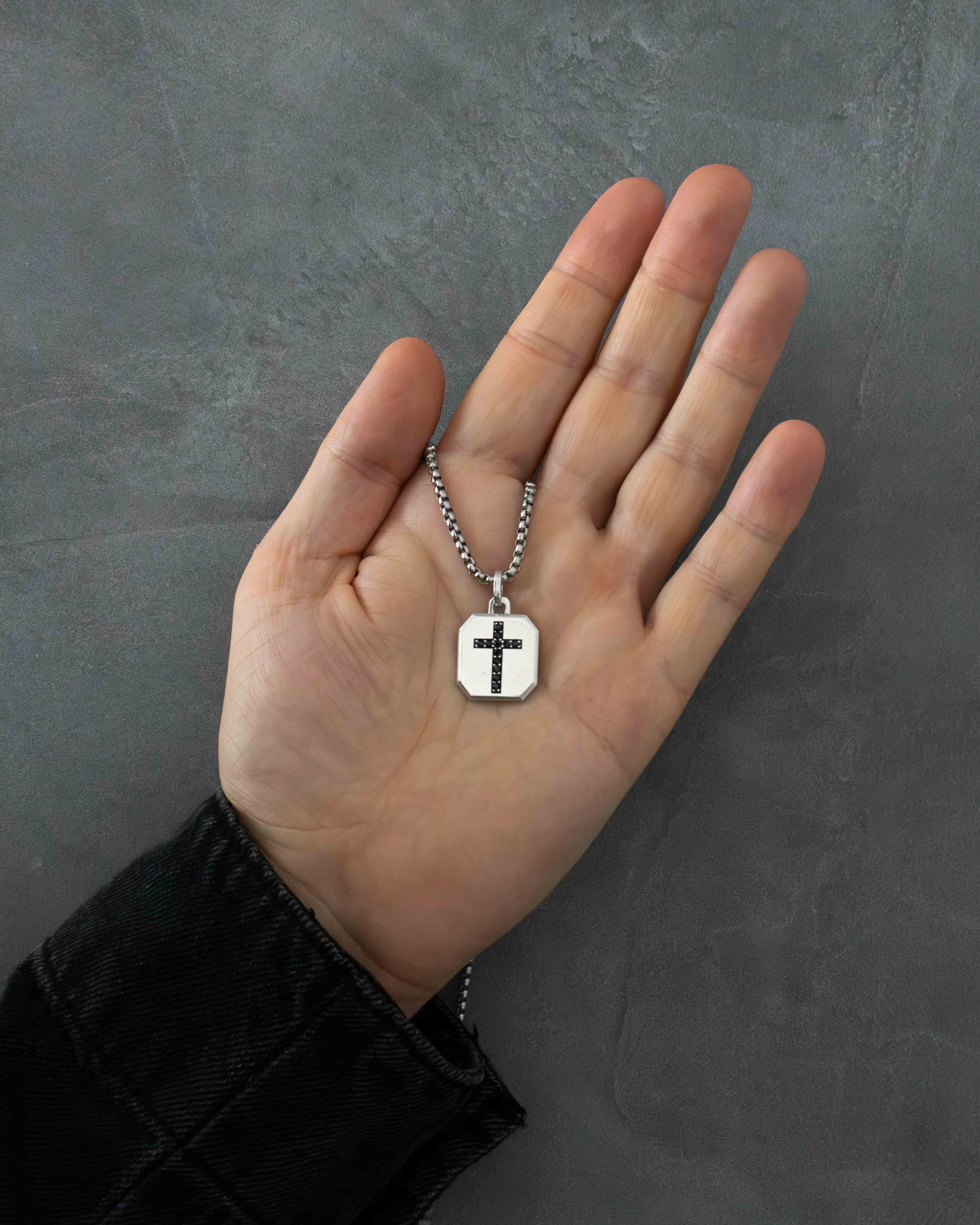 Men's Wide Cross Pendant Black Stones Octagon Shape