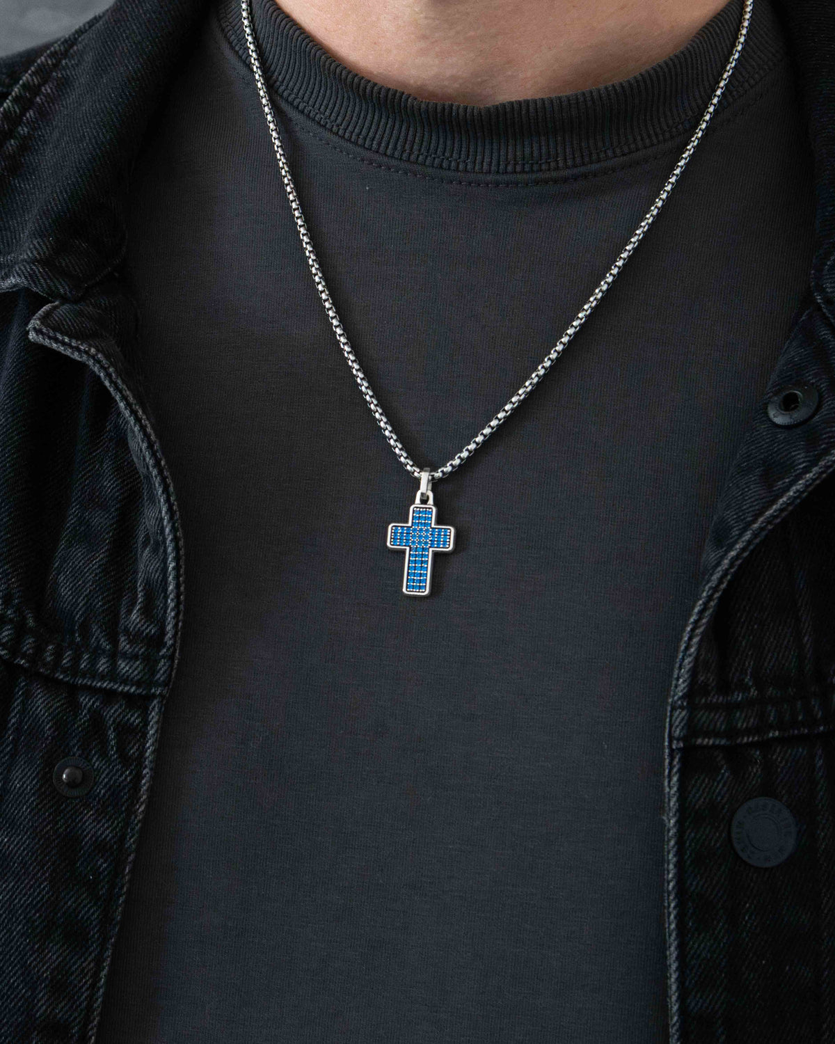 Multi-Stone Cross Necklace Silver Blue Sapphire CZ