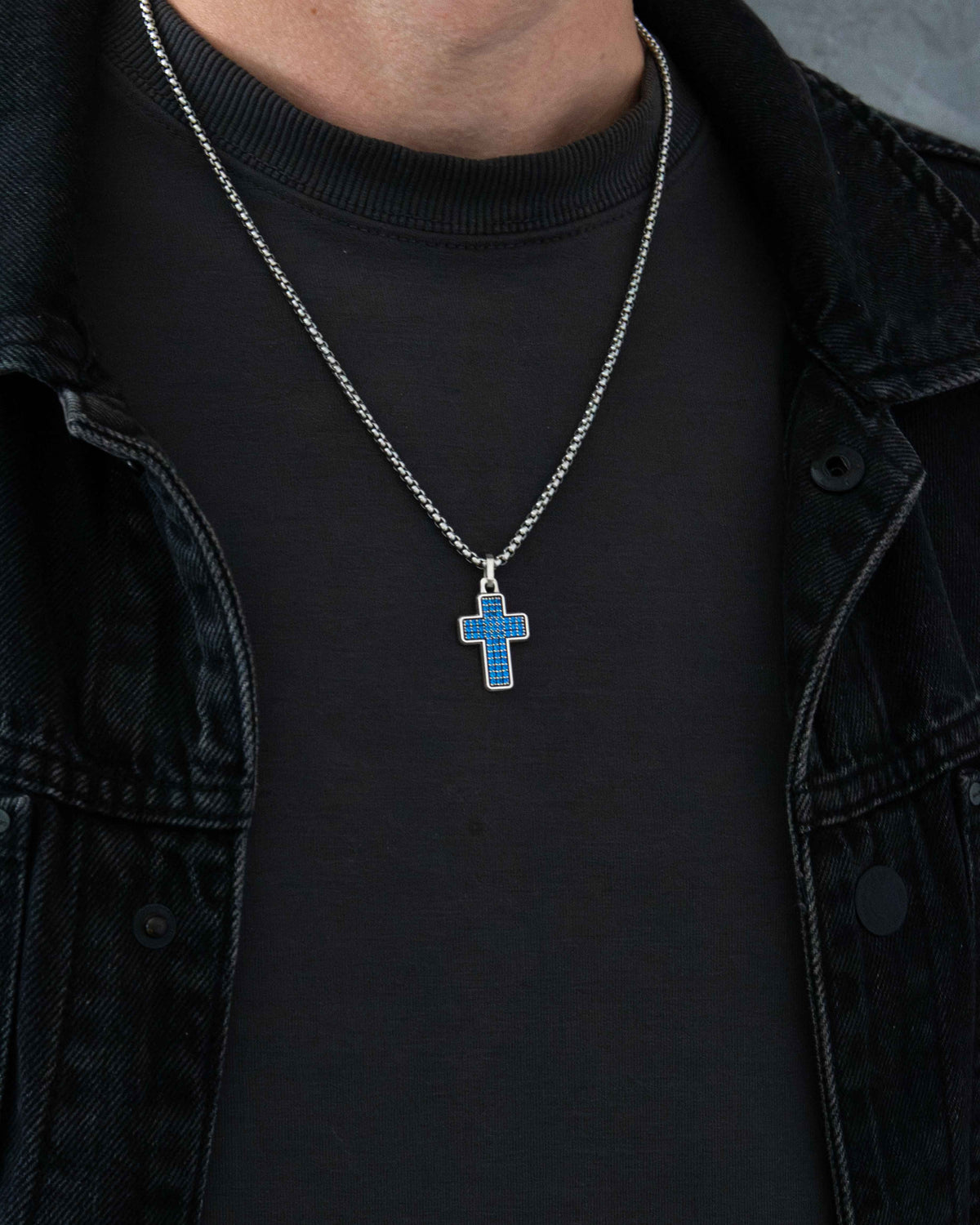 Multi-Stone Cross Necklace Silver Blue Sapphire CZ