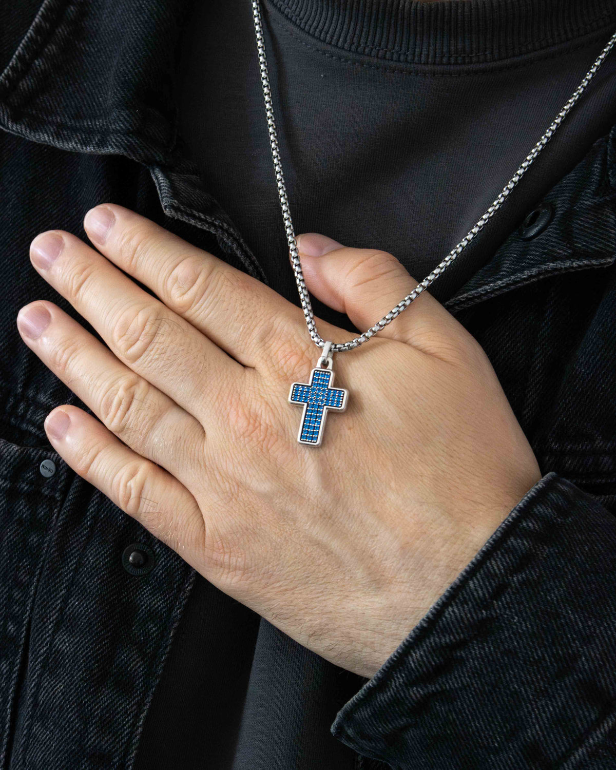 Multi-Stone Cross Necklace Silver Blue Sapphire CZ