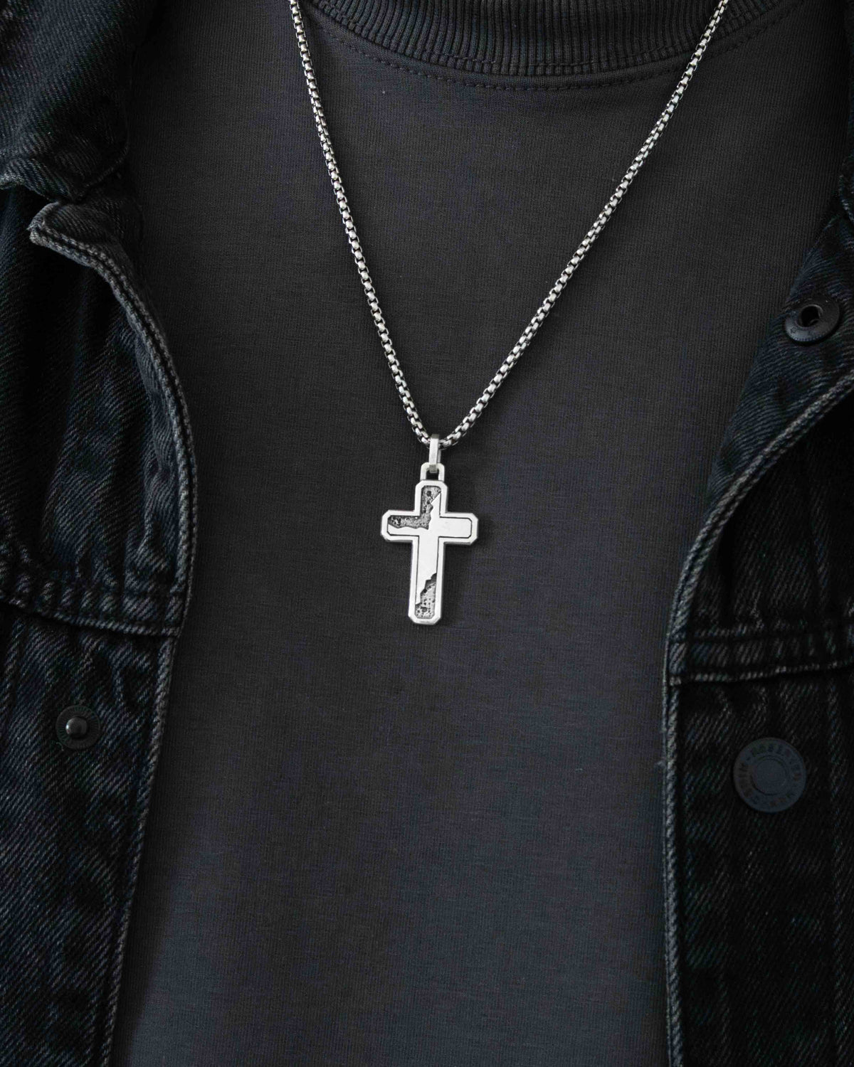 Cracked Cross Necklace Oxidized and Plain Silver
