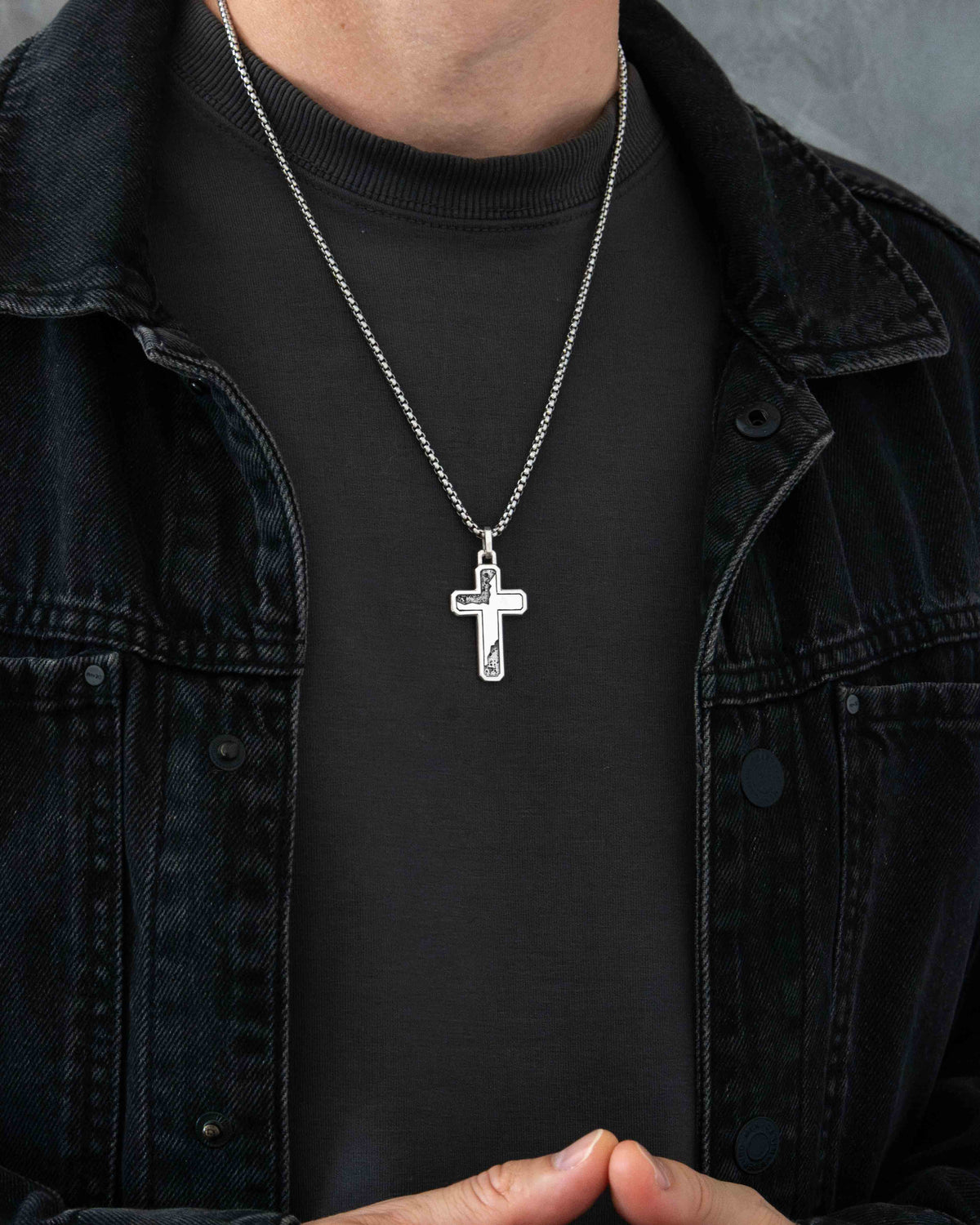 Cracked Cross Necklace Oxidized and Plain Silver