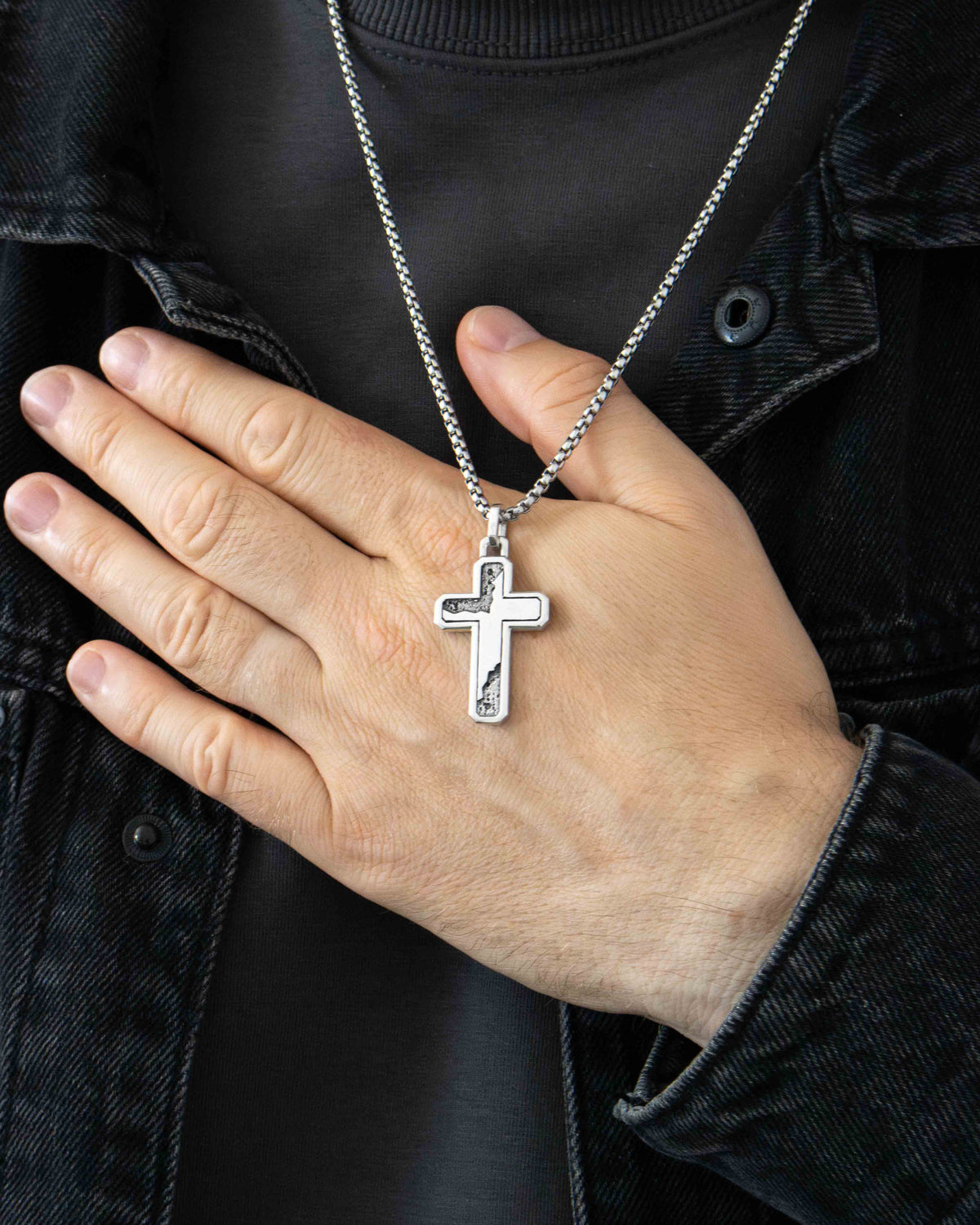 Cracked Cross Necklace Oxidized and Plain Silver