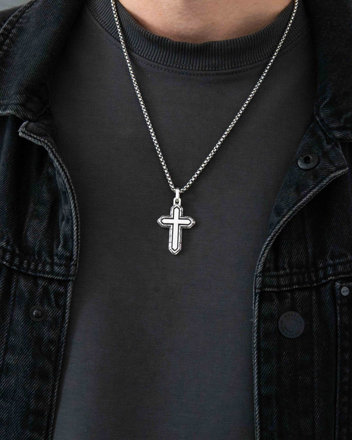 Layered Silver Cross Necklace with Textured Border
