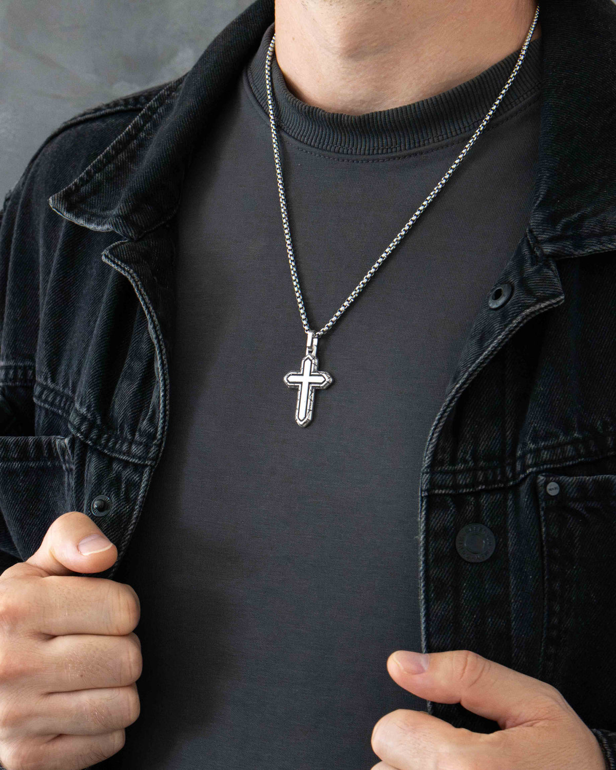 Layered Silver Cross Necklace with Textured Border