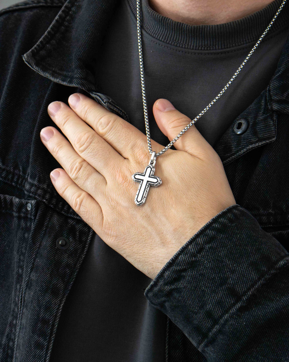 Layered Silver Cross Necklace with Textured Border