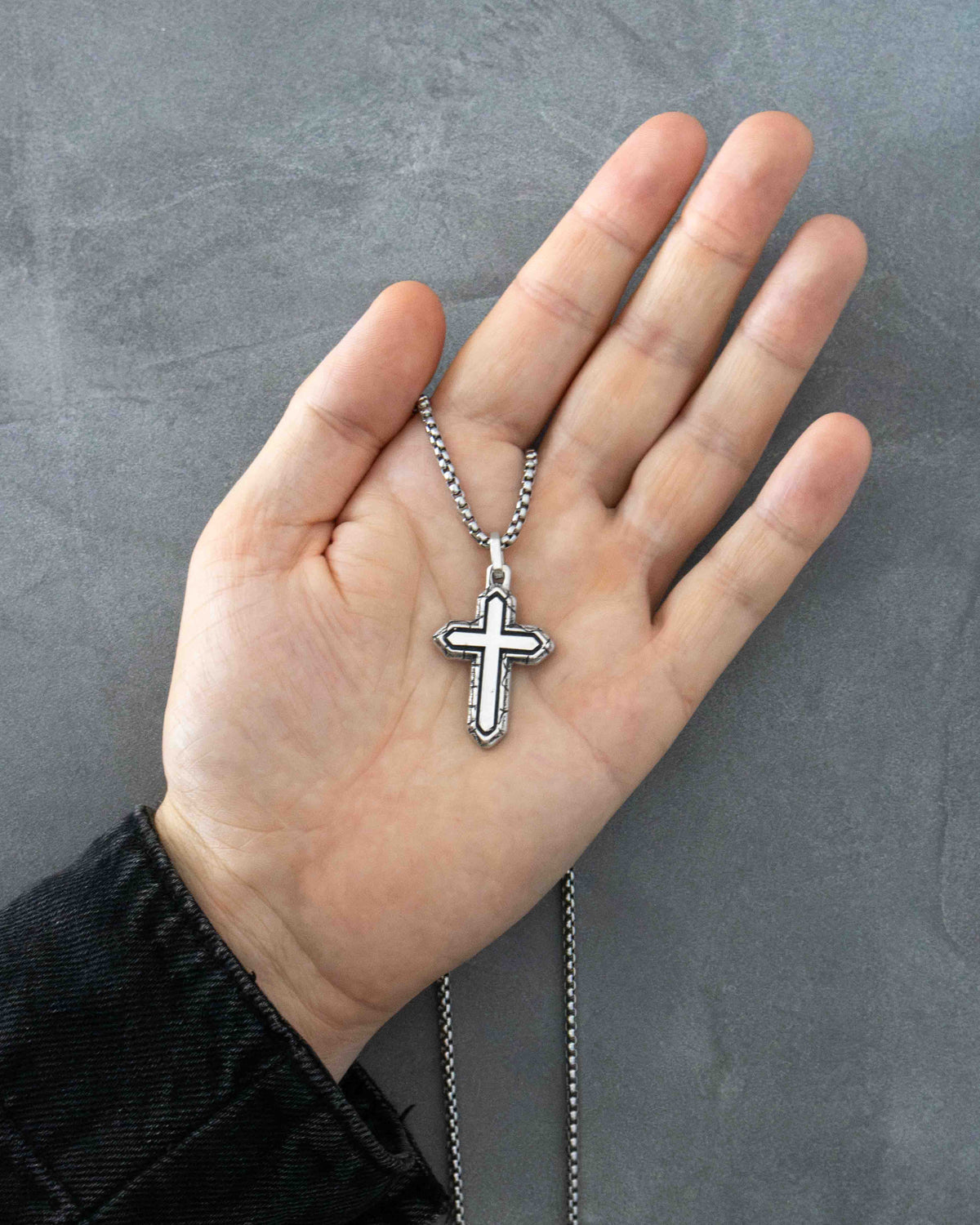 Layered Silver Cross Necklace with Textured Border