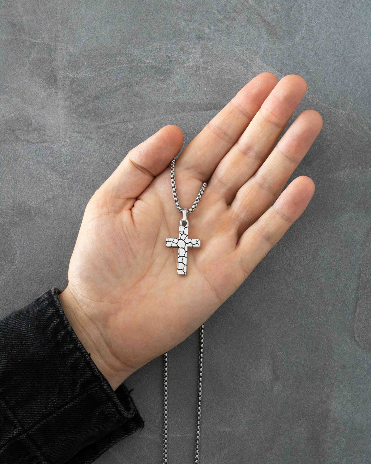 Desert Cross Pendant Necklace Silver Cracked Design