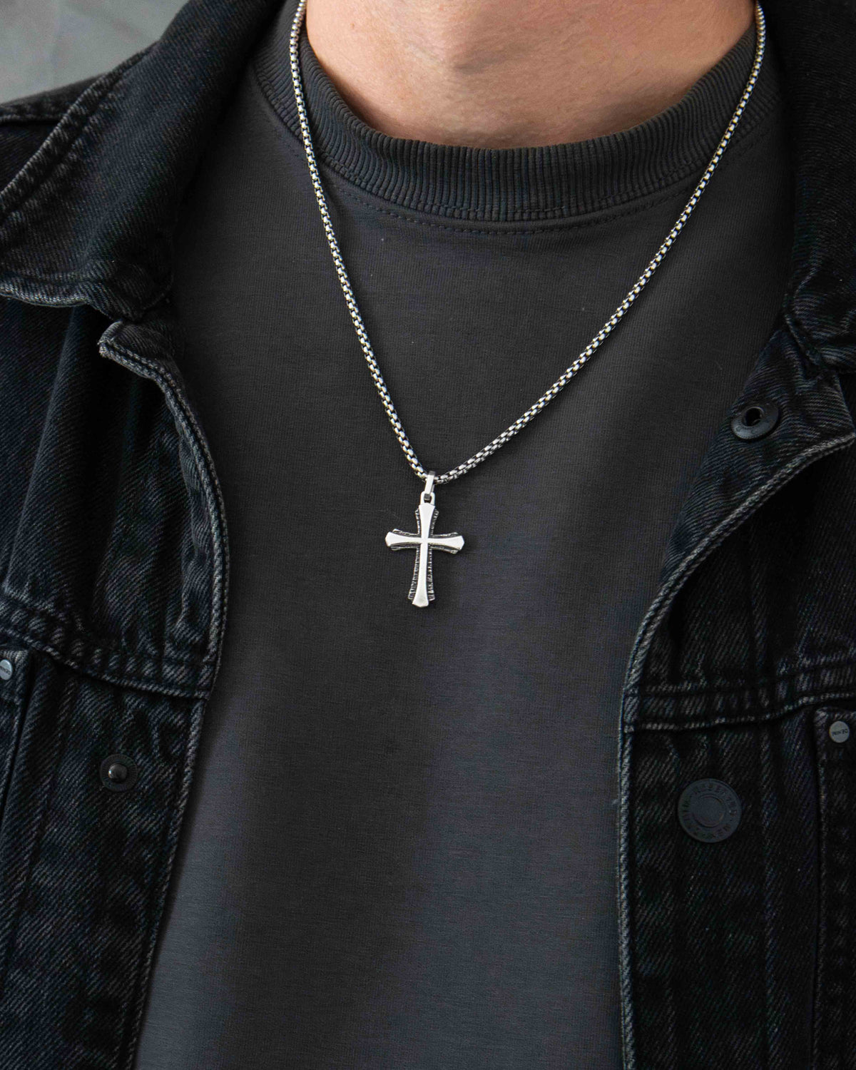 Double Textured Cross Pendant Tree Bark and Plain Silver