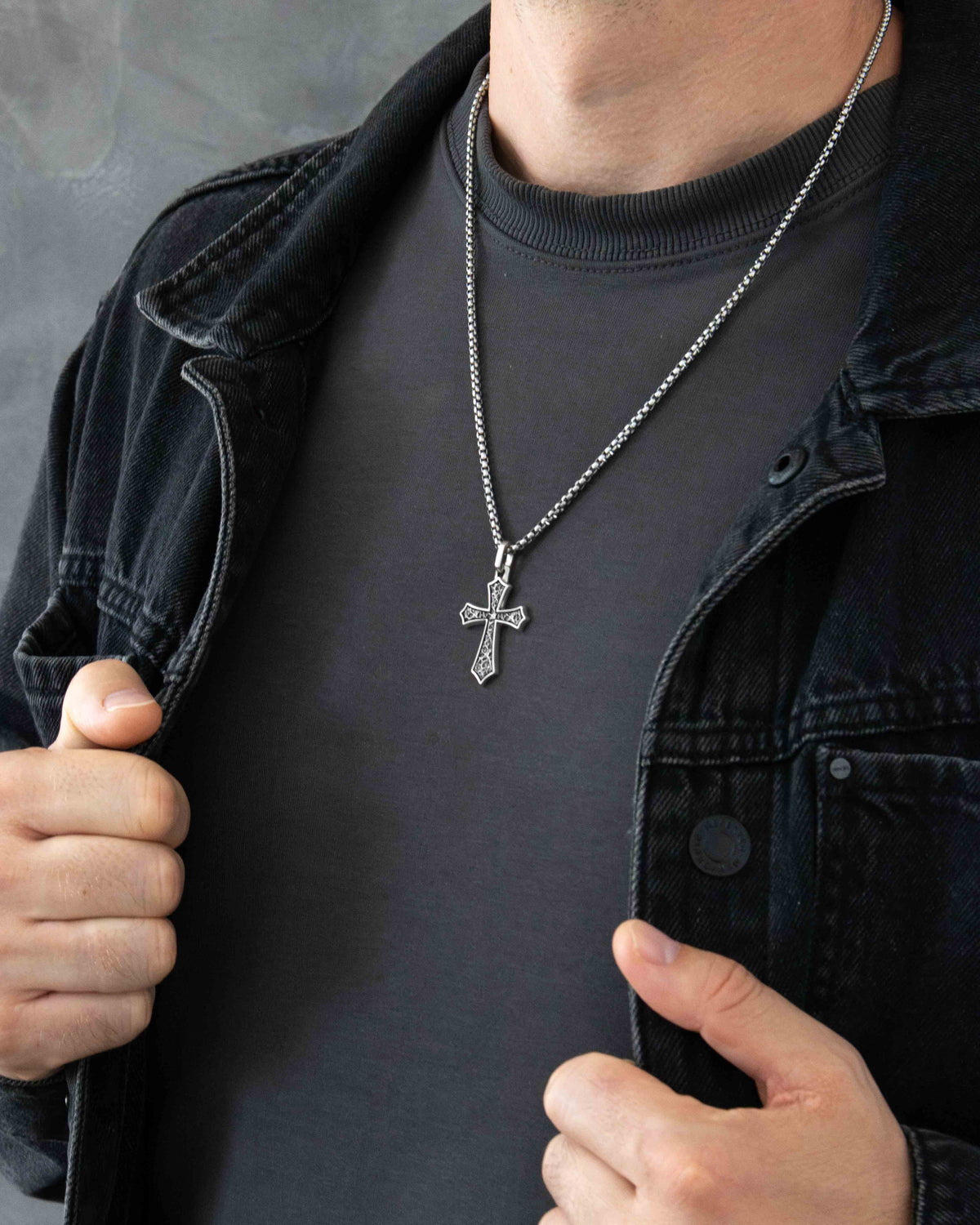Oxidized Silver Cross Pendant Necklace Gothic Style