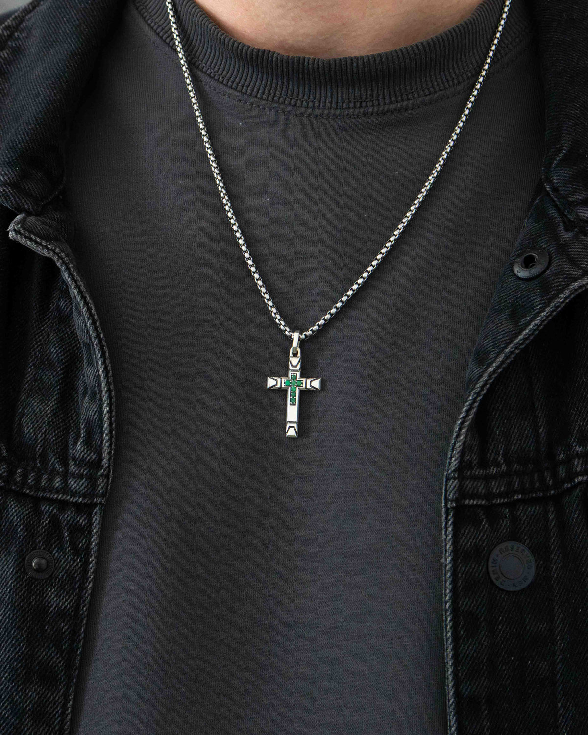 Streetwear Cross Necklace with Emeralds Solid Silver