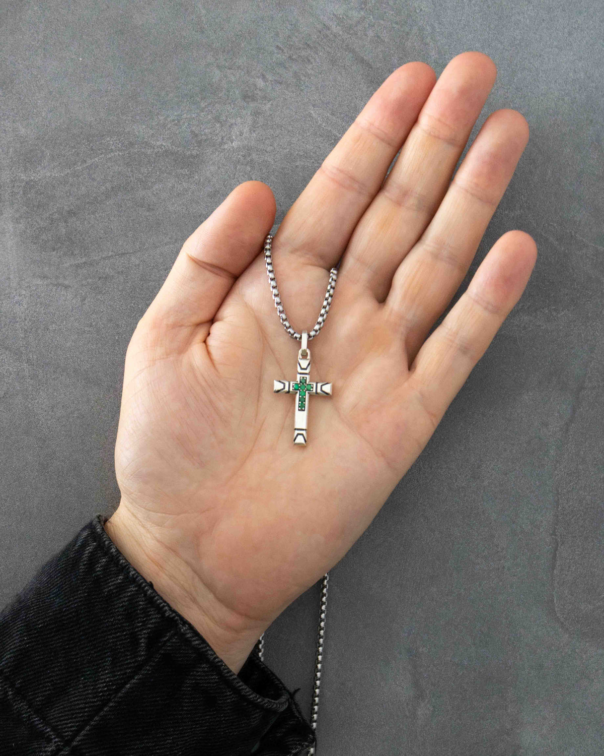 Streetwear Cross Necklace with Emeralds Solid Silver