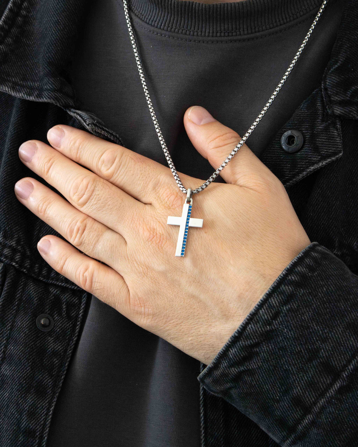 Blue Sapphire Cross Necklace Silver Minimalist Style